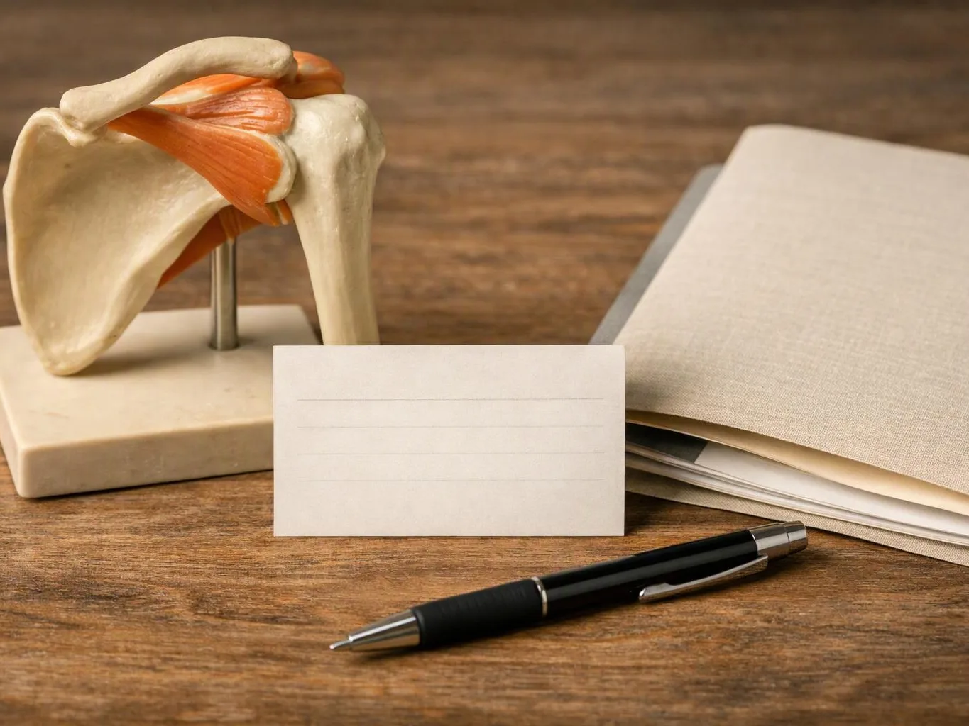 An anatomical shoulder model, blank card, folder, and pen rest on a wooden desk