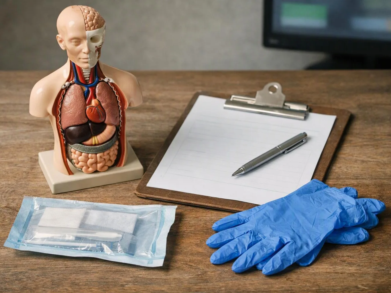 An anatomy model, clipboard with pen, sealed medical tools, and blue gloves rest on a wooden table