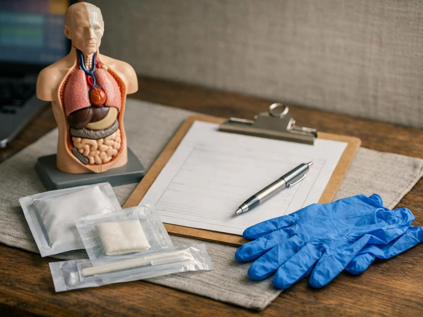 An anatomy torso model sits beside a clipboard, pen, blue gloves, and sealed medical supplies on a table