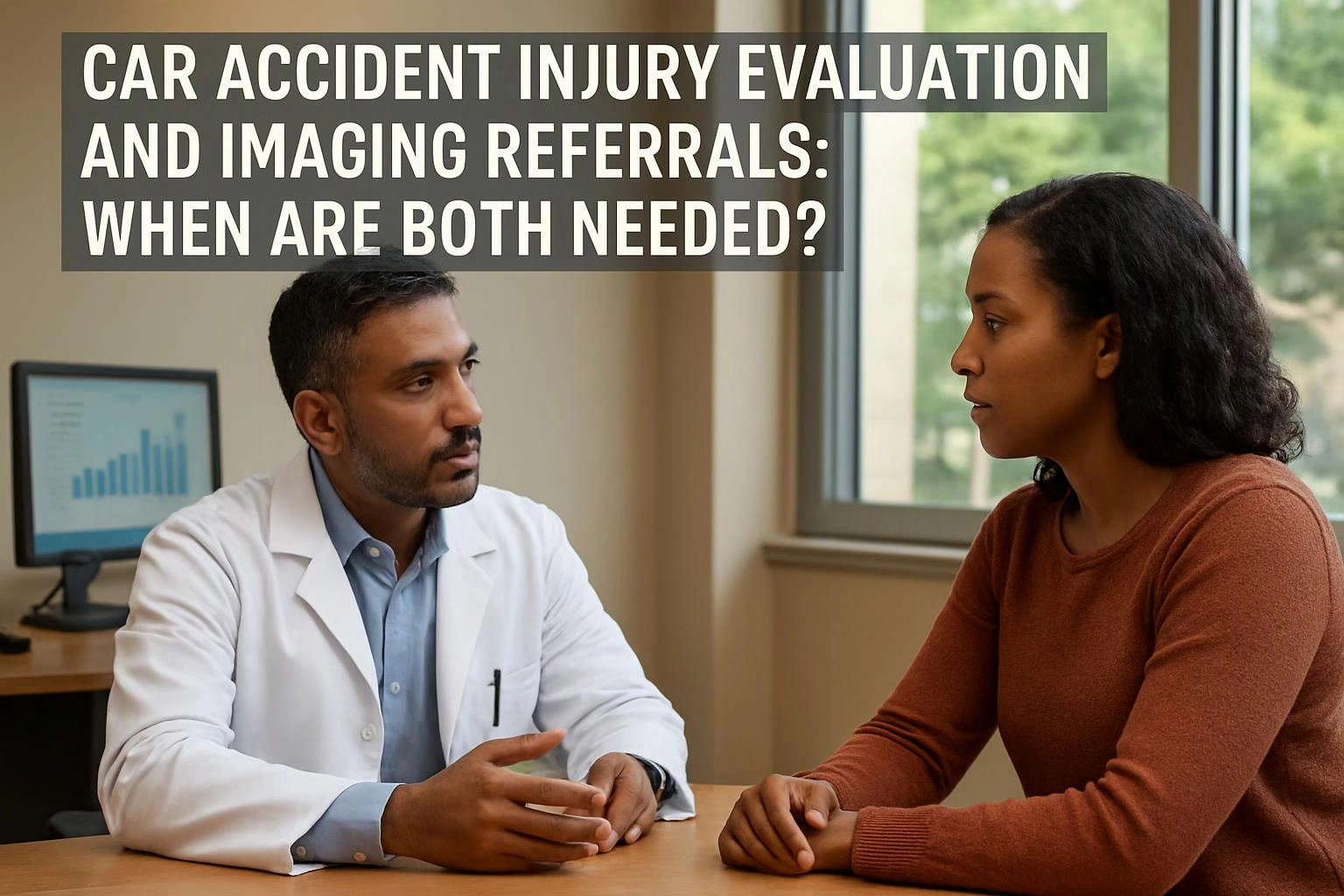 Two-person consultation photograph showing wide establishing view of a setting where "Car Accident Injury Evaluation and Imaging Referrals