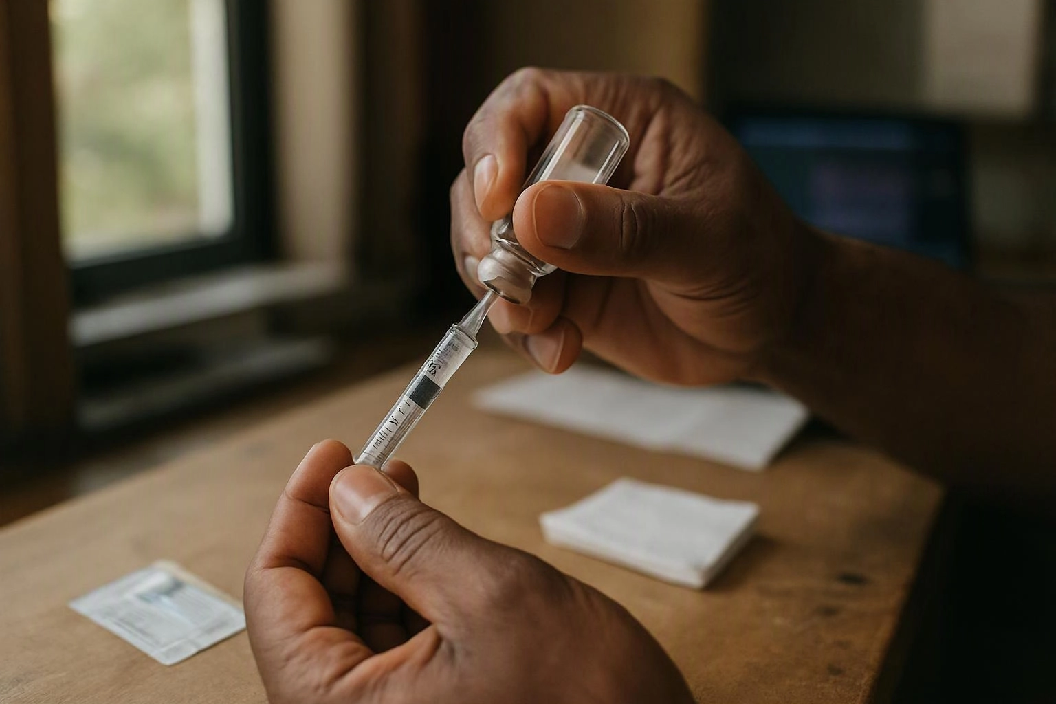 Hands draw liquid from a small vial into a syringe over a wooden table near a window
