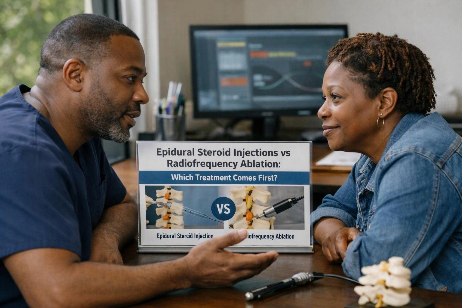 Two-person consultation photograph showing environmental still life in a real workspace where "Epidural Steroid Injections vs Radiofrequency Ablation