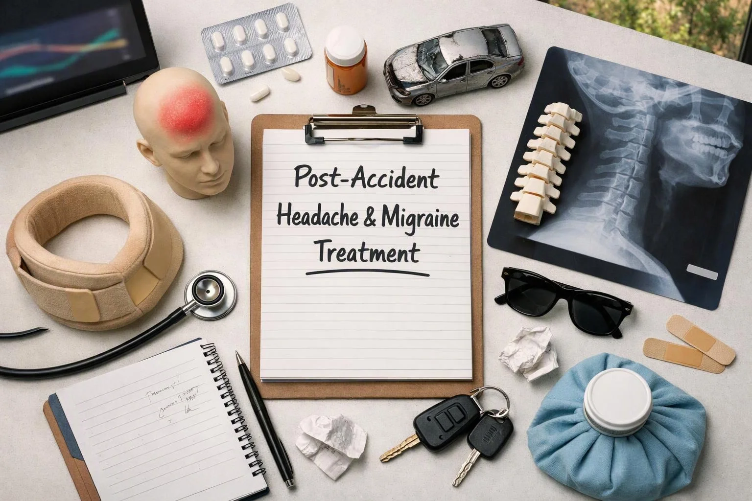 Aerial top-down flat-lay photograph of environmental still life in a real workspace where "Post-Accident Headache and Migraine Treatment" is planned for Pain