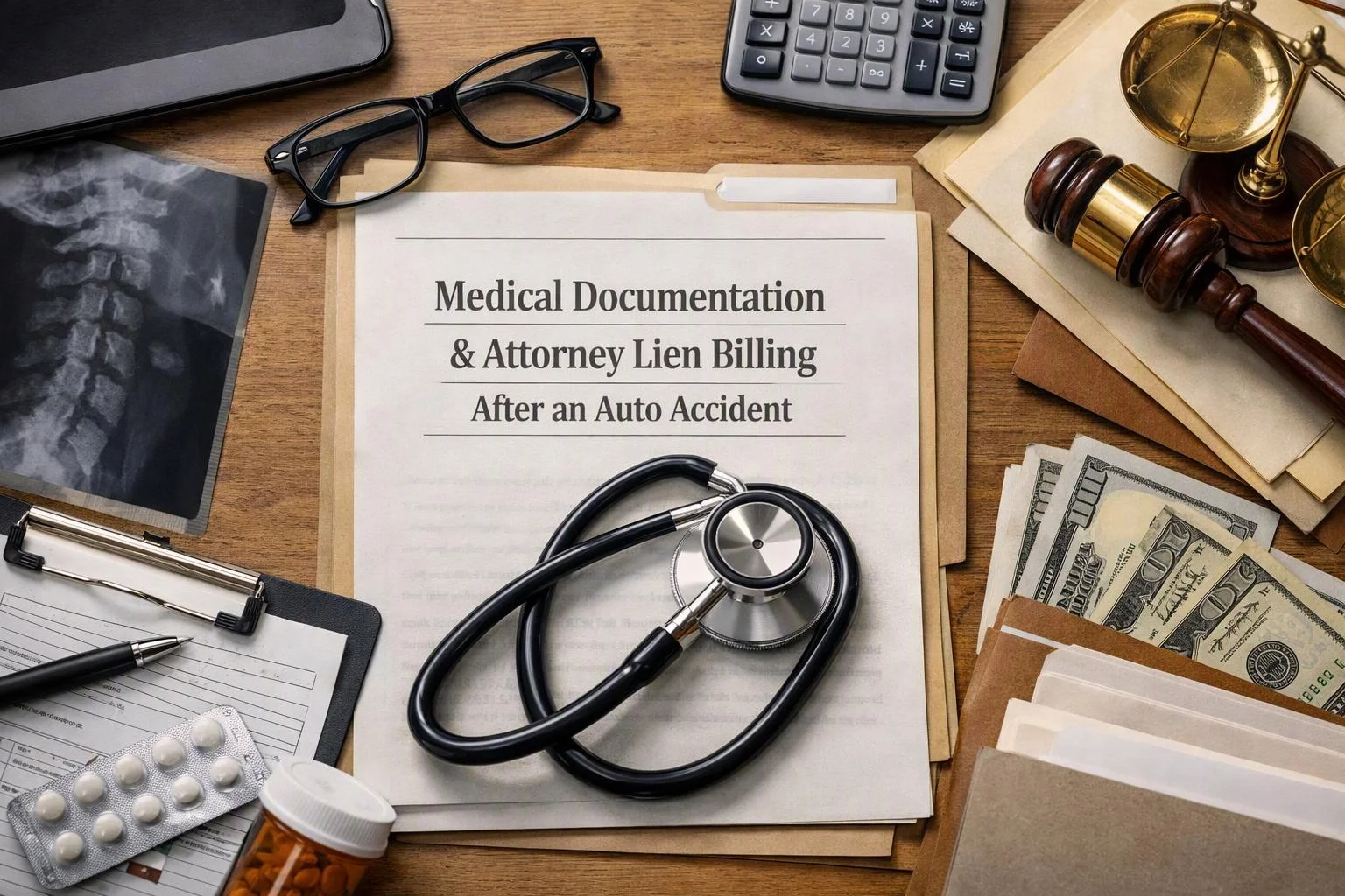 A legal desk shows a medical document, stethoscope, X-ray, cash, scales, and a gavel