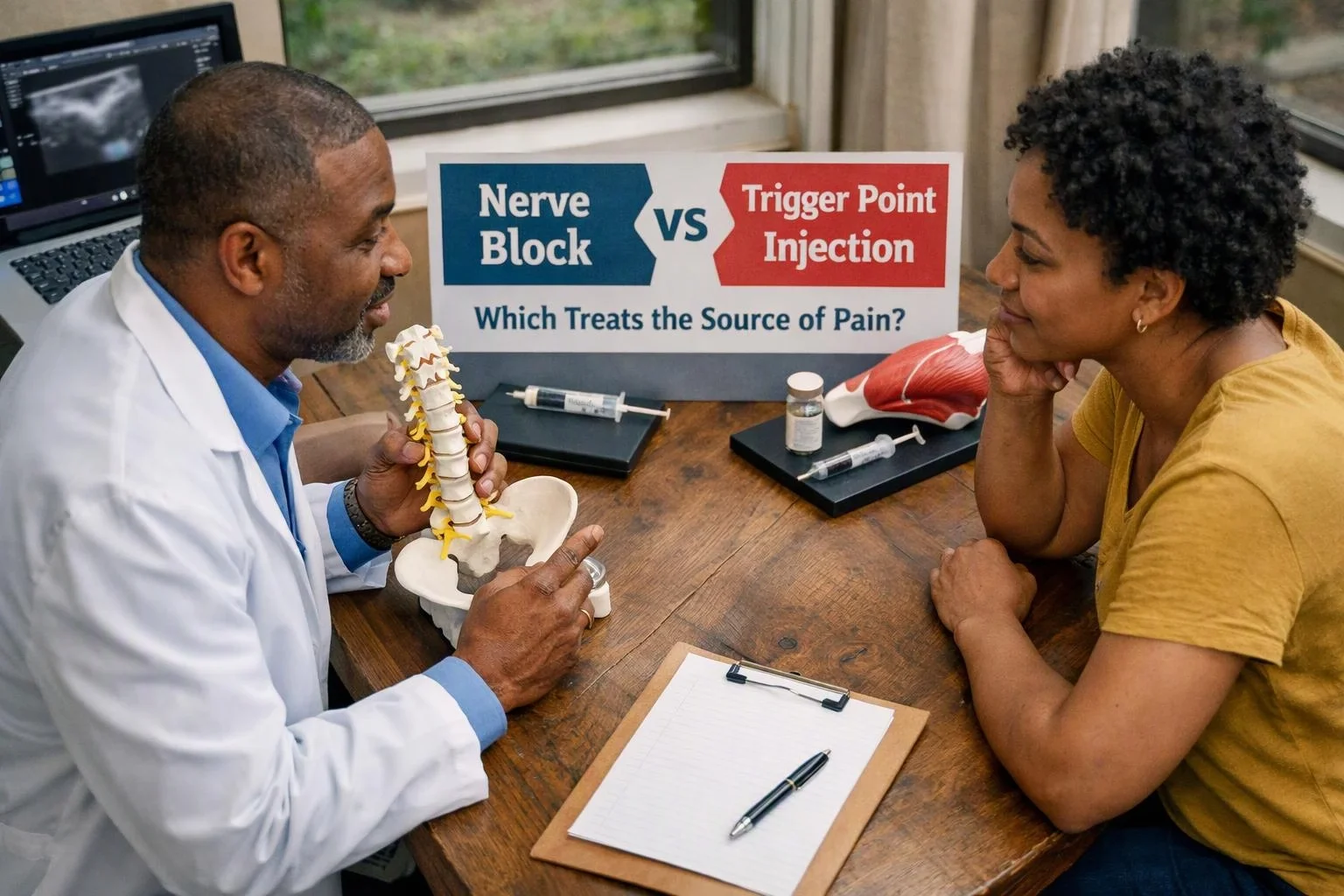 Two-person consultation photograph showing overhead flat-lay of items that represent "Nerve Block vs Trigger Point Injection