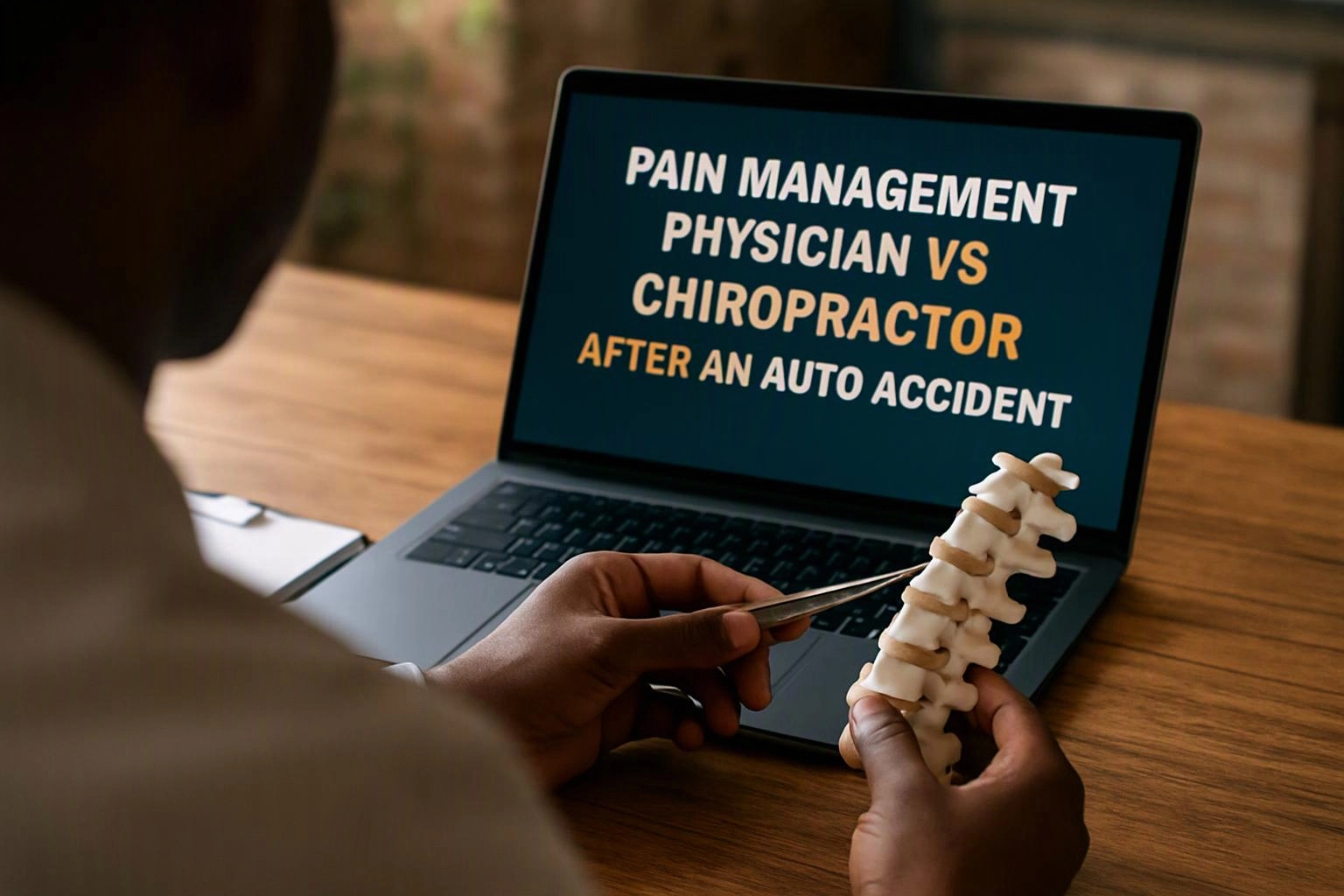 A person studies a spine model beside a laptop showing pain management and chiropractor text