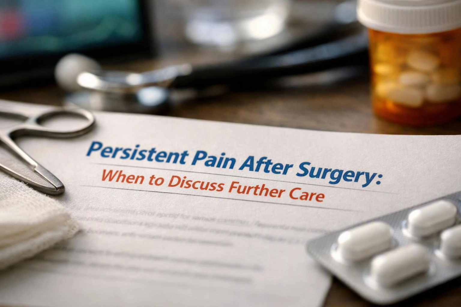 Macro product photograph of wide establishing view of a setting where "Persistent Pain After Surgery