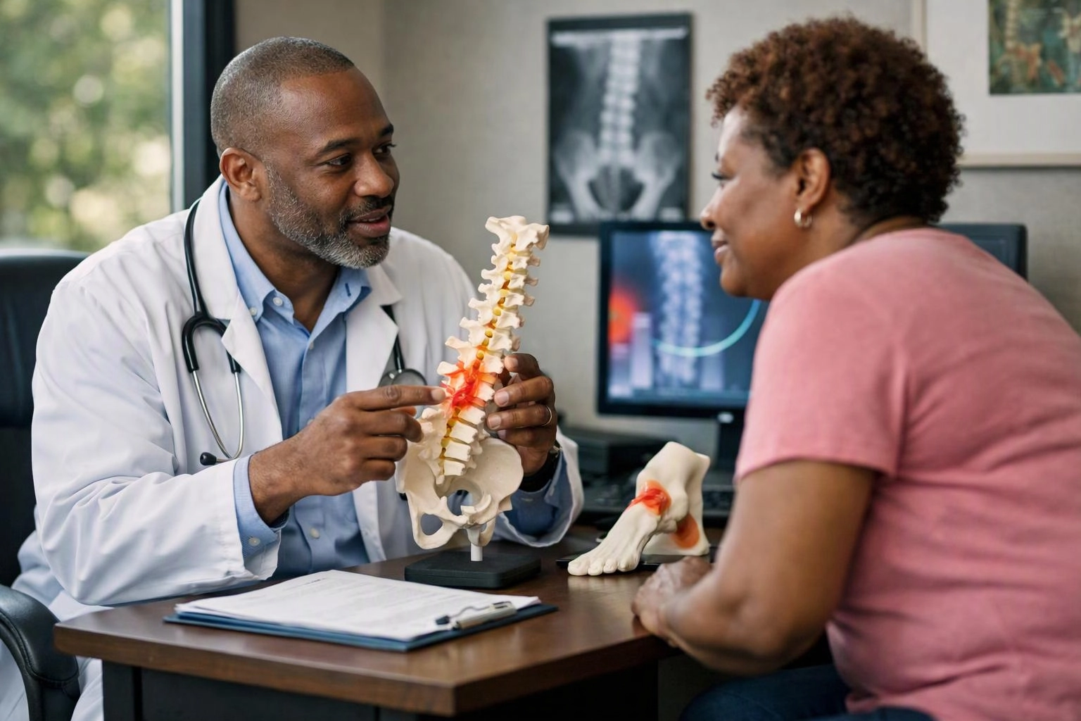 Two-person consultation photograph showing environmental still life in a real workspace where "Sciatica and Nerve-Related Leg Pain Treatment" is planned for Pain