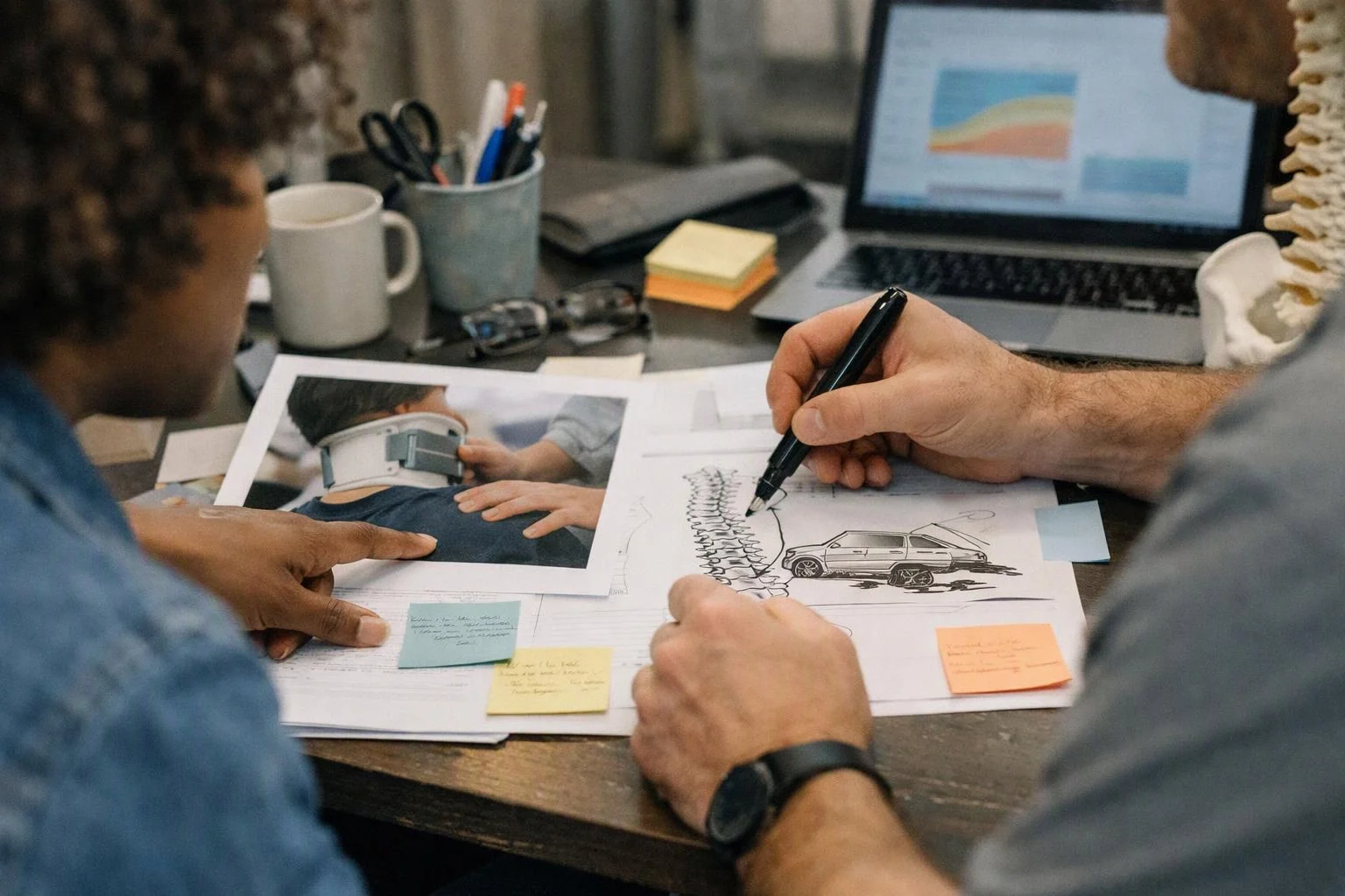 Two people review medical photos and sketches at a desk with a laptop, notes, and office supplies