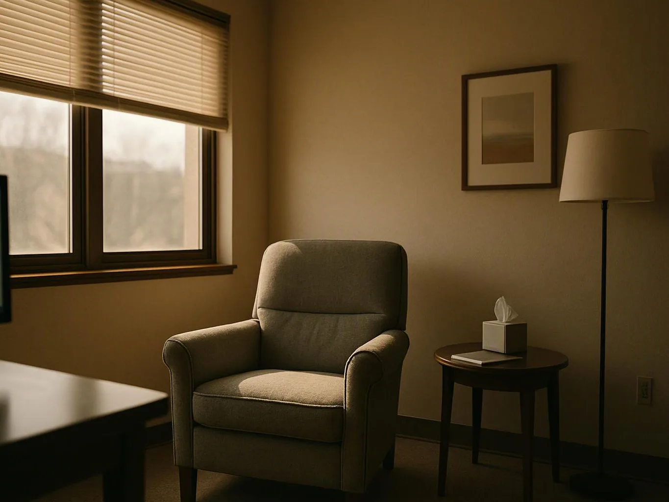A beige armchair sits beside a round side table, lamp, and window in a quiet room