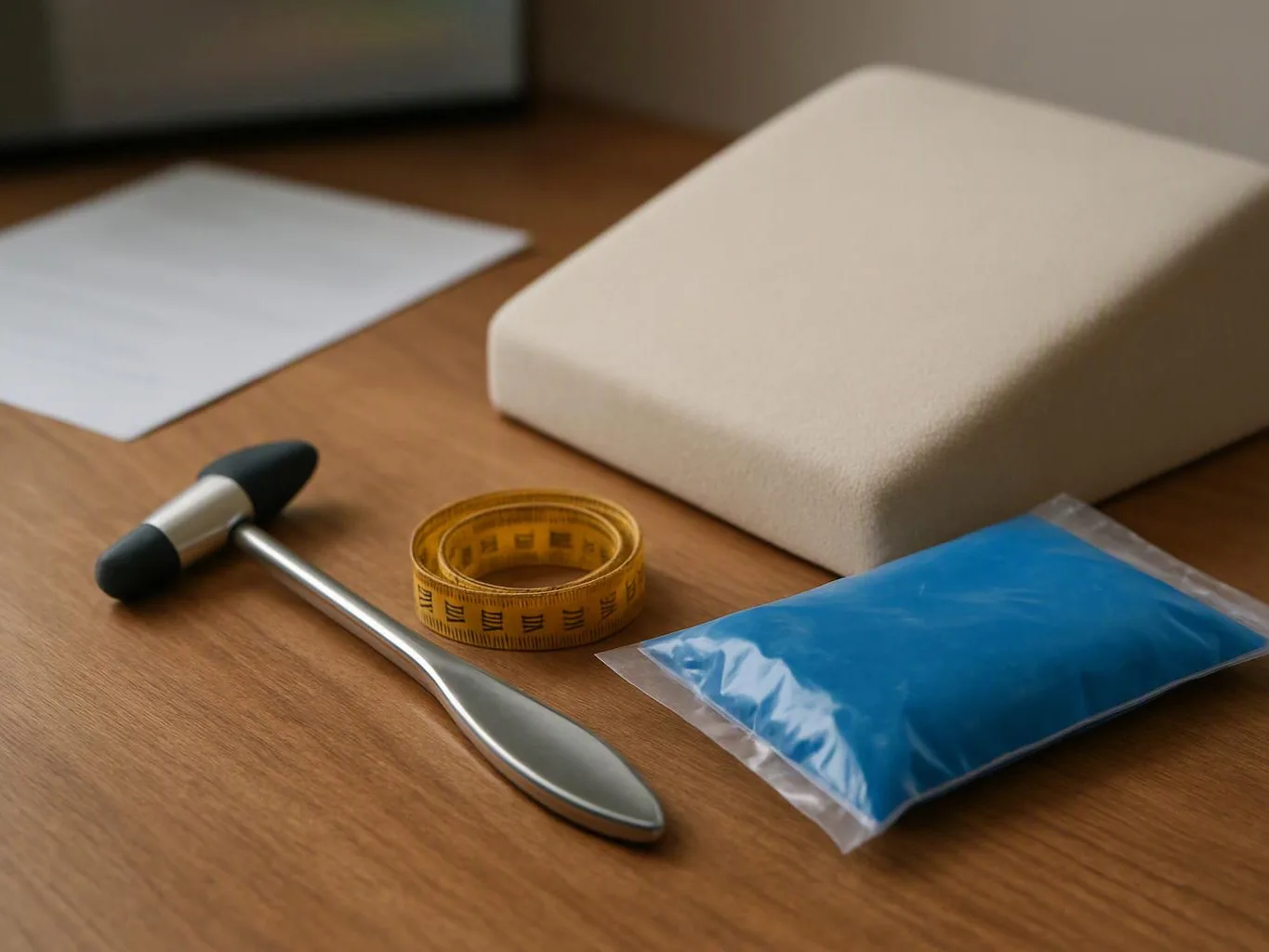 A beige cushion sits beside a reflex hammer, a yellow measuring tape, and a blue gel pack on a wooden table