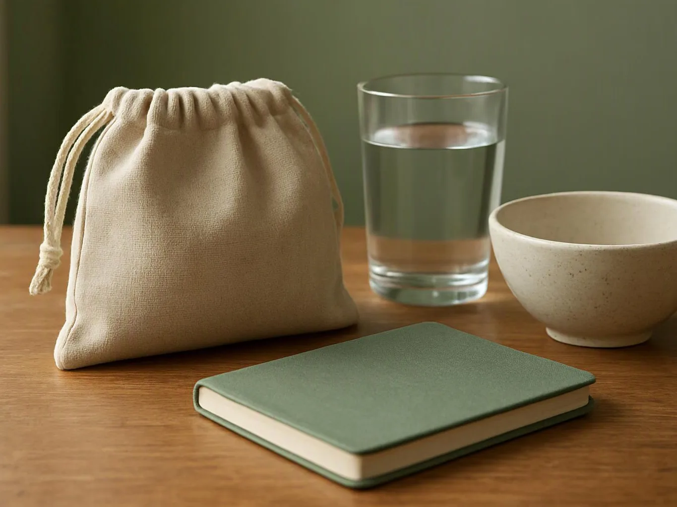 A beige drawstring pouch, a glass of water, a small bowl, and a green notebook sit on a wooden table