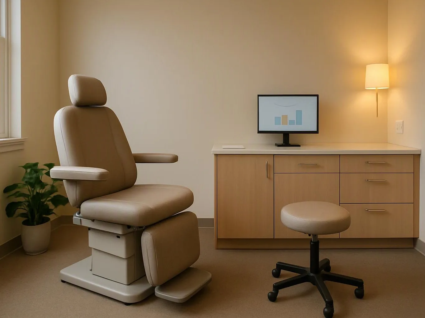 A beige exam chair faces a cabinet with a small monitor, lamp, stool, and potted plant in a clean room