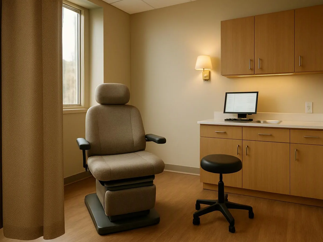A beige exam room has a padded chair, a rolling stool, cabinets, and a wall monitor beneath soft lighting