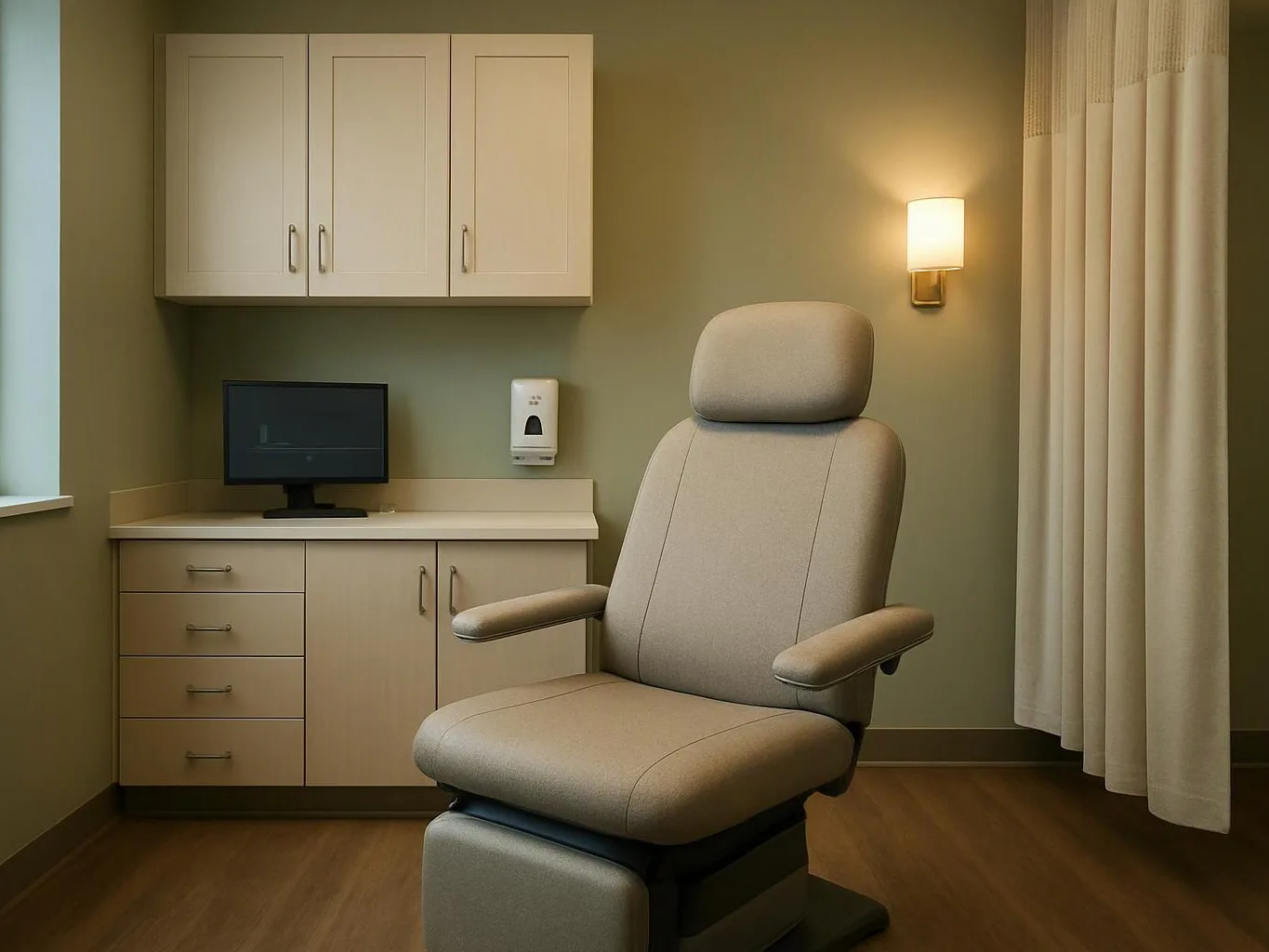 A beige medical chair sits in a calm exam room beside cabinets, a monitor, and a wall lamp