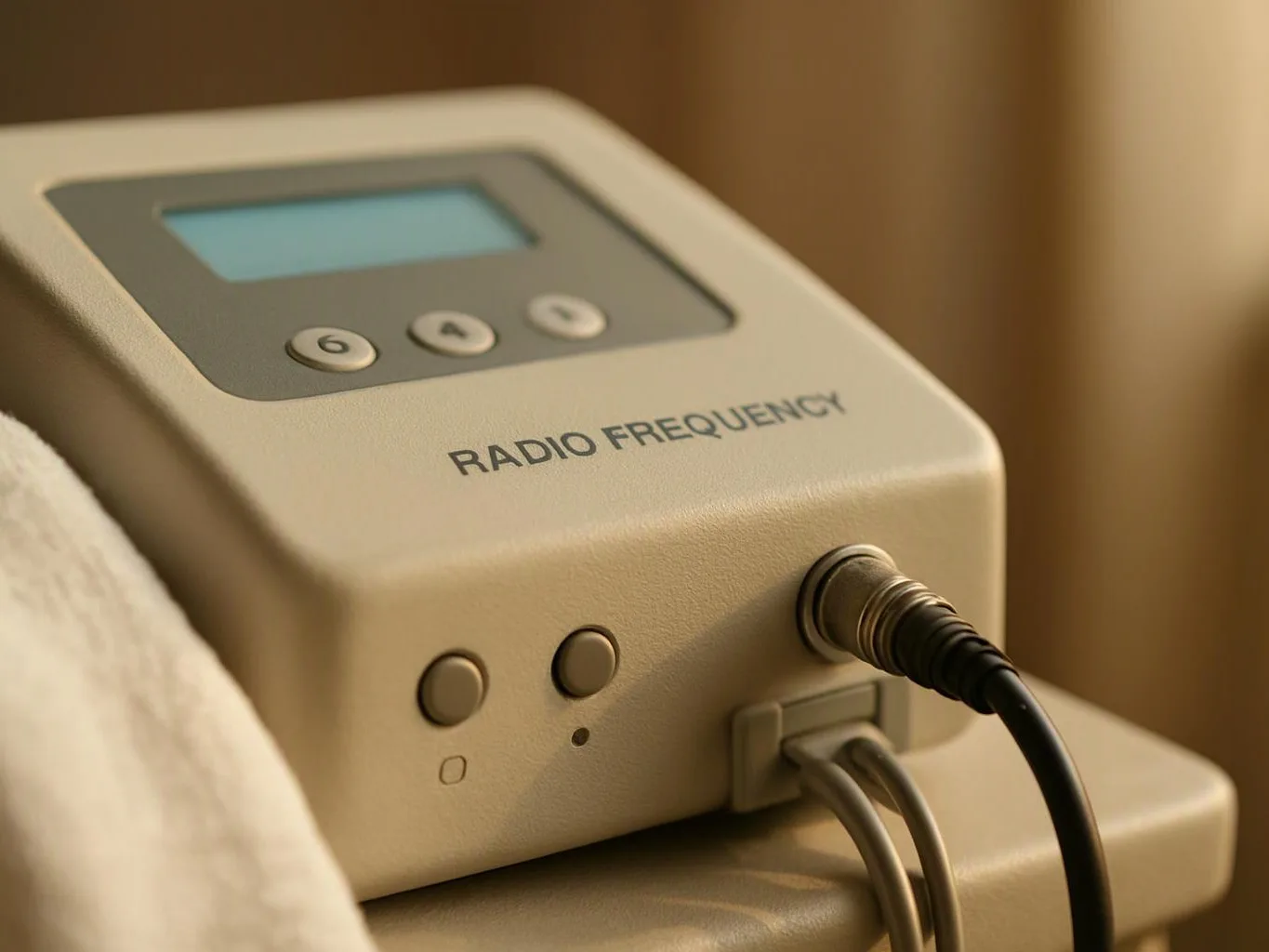 A beige radio frequency device with a small screen, buttons, and attached cables sits on a table