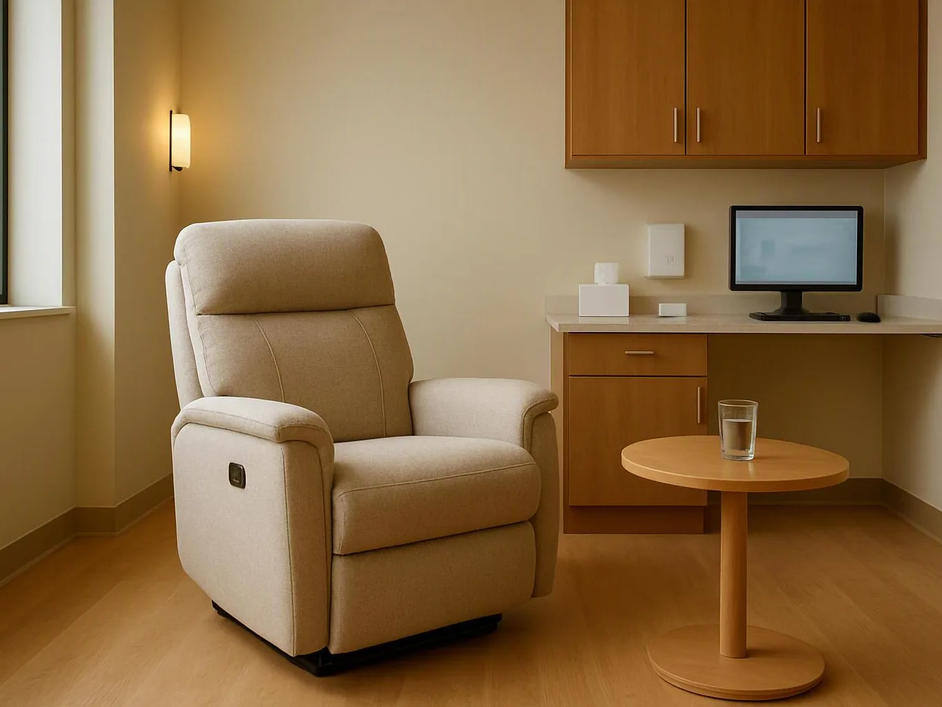 A beige recliner sits beside a wooden desk with a monitor and a glass of water in a calm room