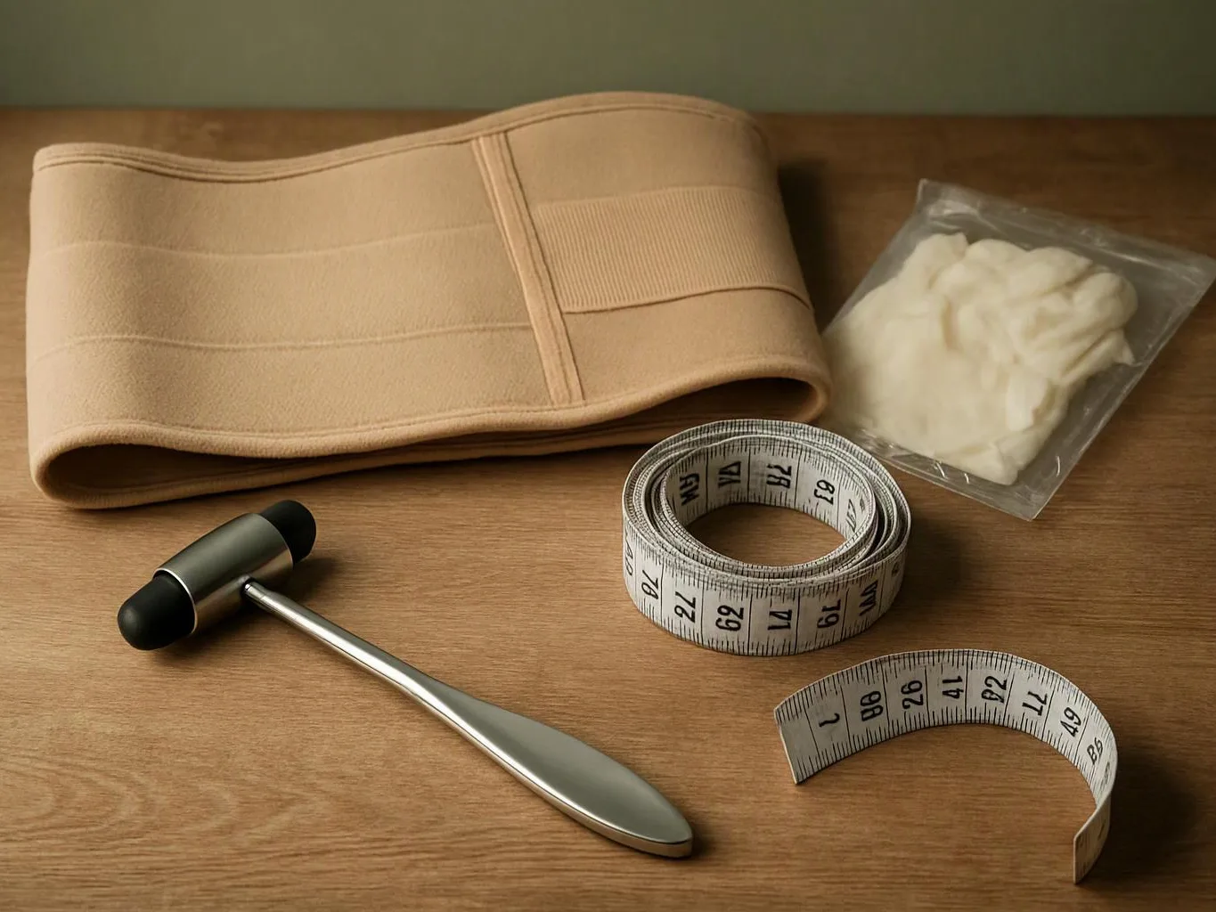 A beige waist support belt, measuring tapes, a reflex hammer, and a pouch of cotton sit on a wooden table