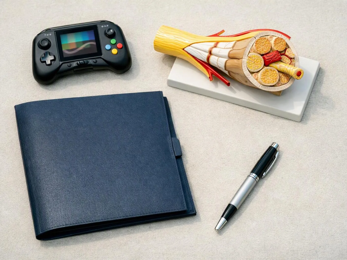 A black handheld game controller, a notebook, a pen, and a cutaway model of a muscle sit on a light table