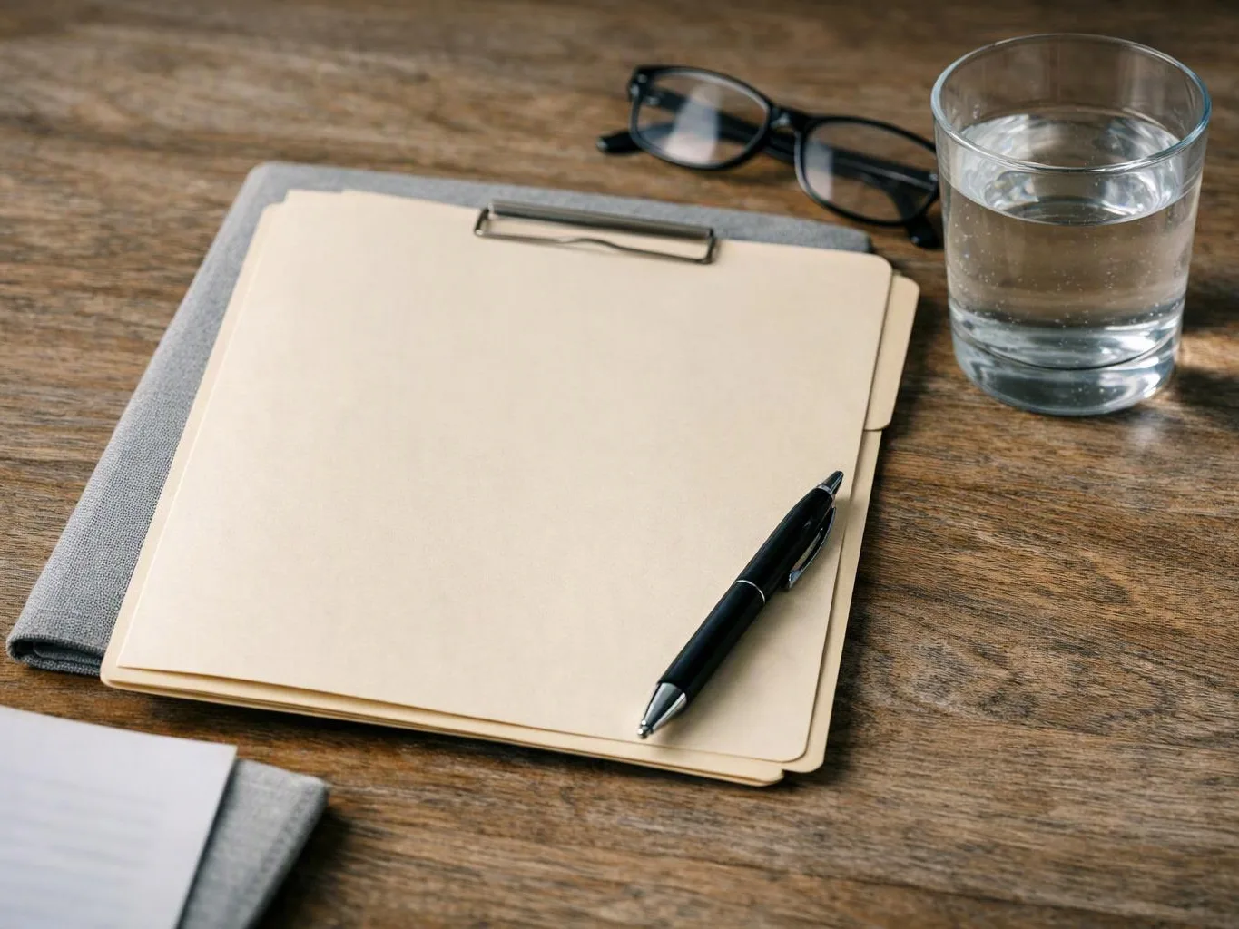 Blank clipboard with a pen, glasses, and a glass of water on a wooden table