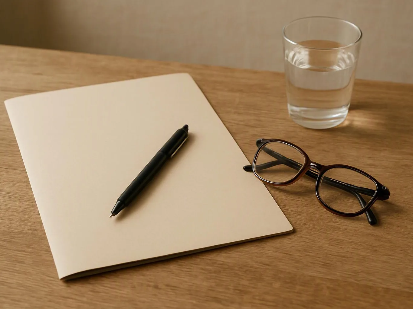 A blank notebook, black pen, eyeglasses, and a glass of water sit on a wooden table