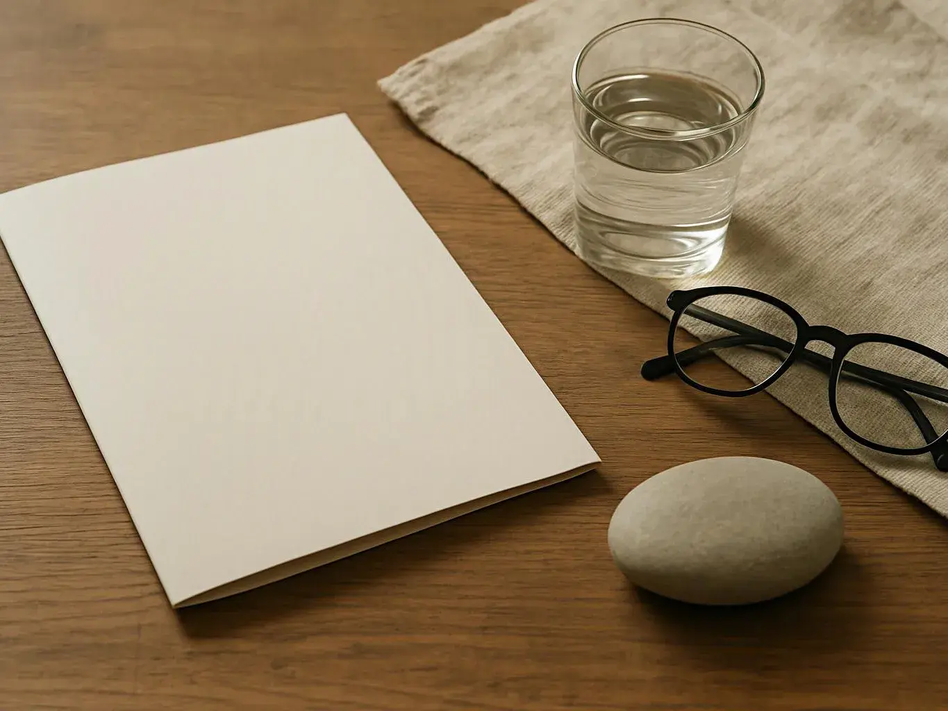 Blank paper, a glass of water, black glasses, and a smooth stone rest on a wooden table