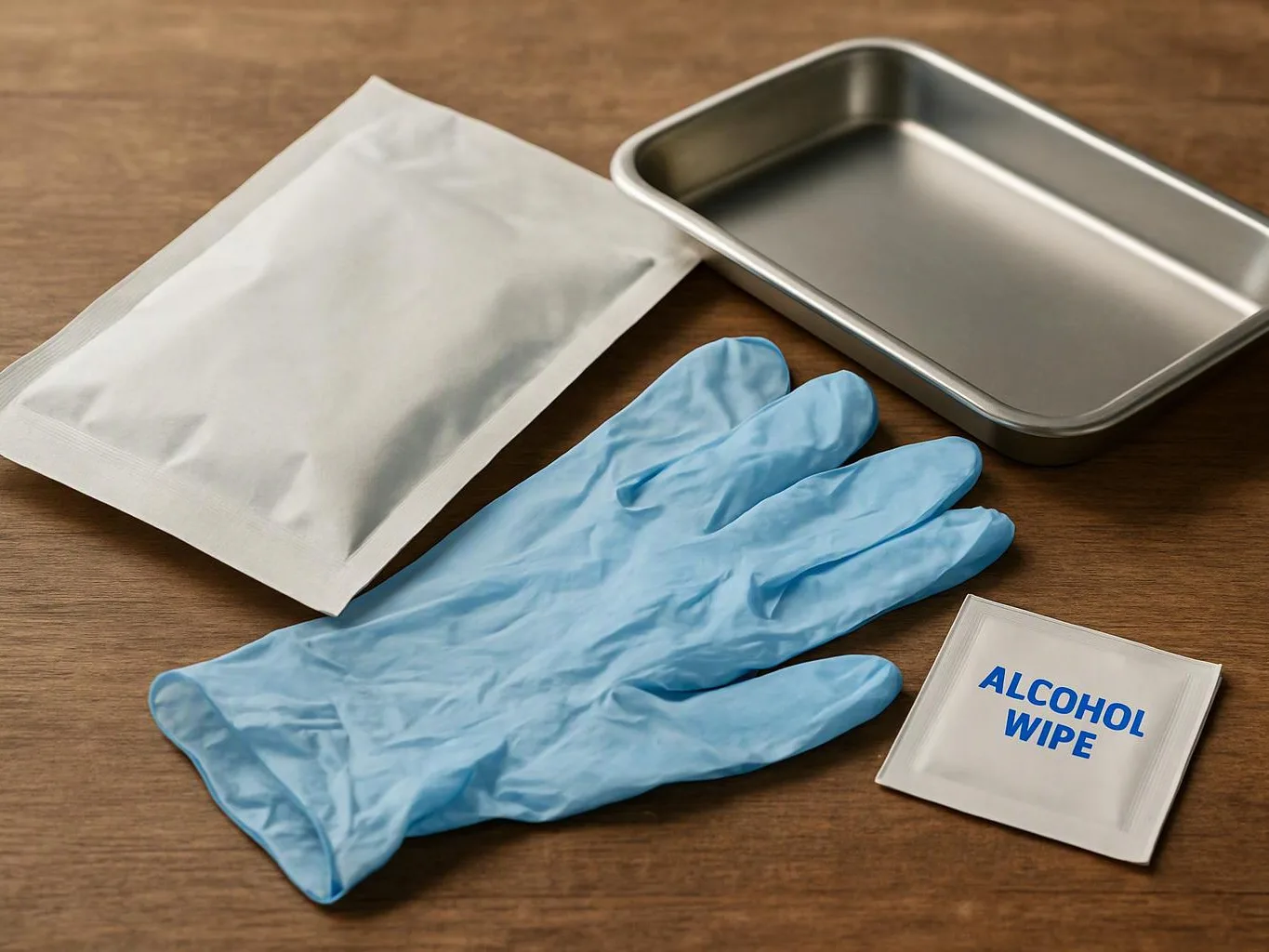 Blue disposable glove, sealed packet, metal tray, and an alcohol wipe on a wooden surface