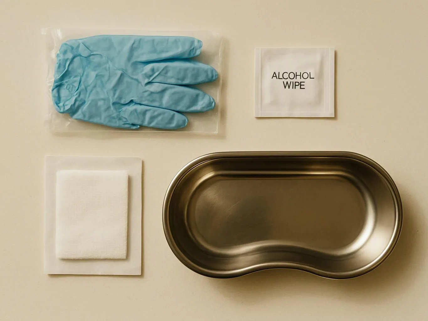 Blue disposable gloves, an alcohol wipe, folded gauze, and a metal kidney dish sit on a beige surface