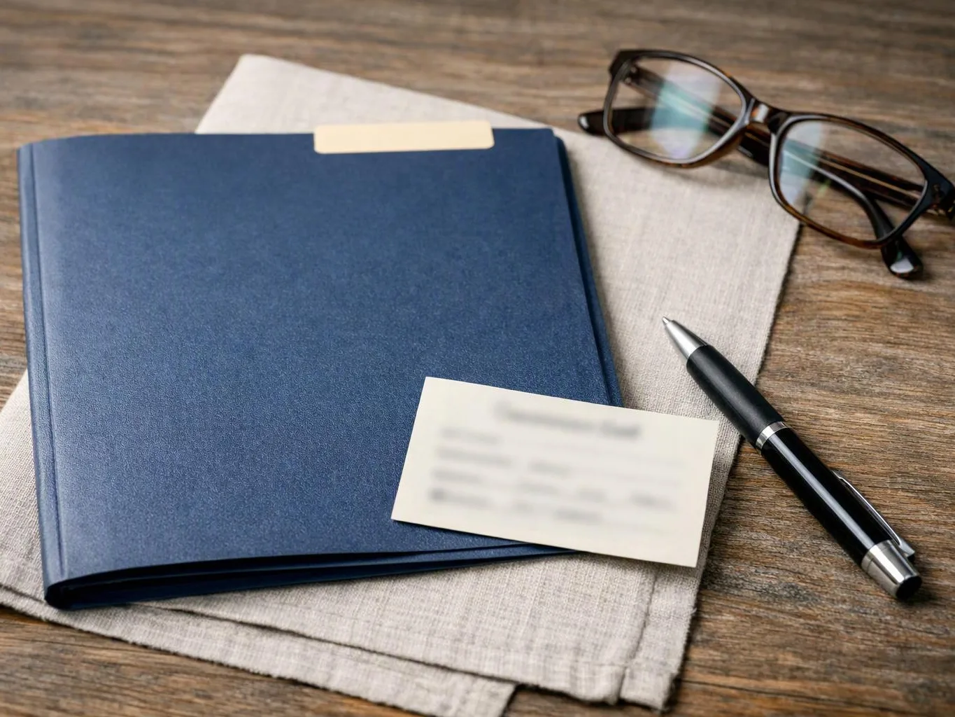 Blue folder, eyeglasses, pen, and blurred business card on folded cloth over a wooden table