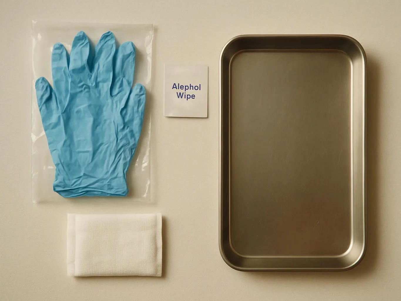 A blue glove packet, a labeled wipe packet, a folded white cloth, and an empty metal tray lie on a beige surface