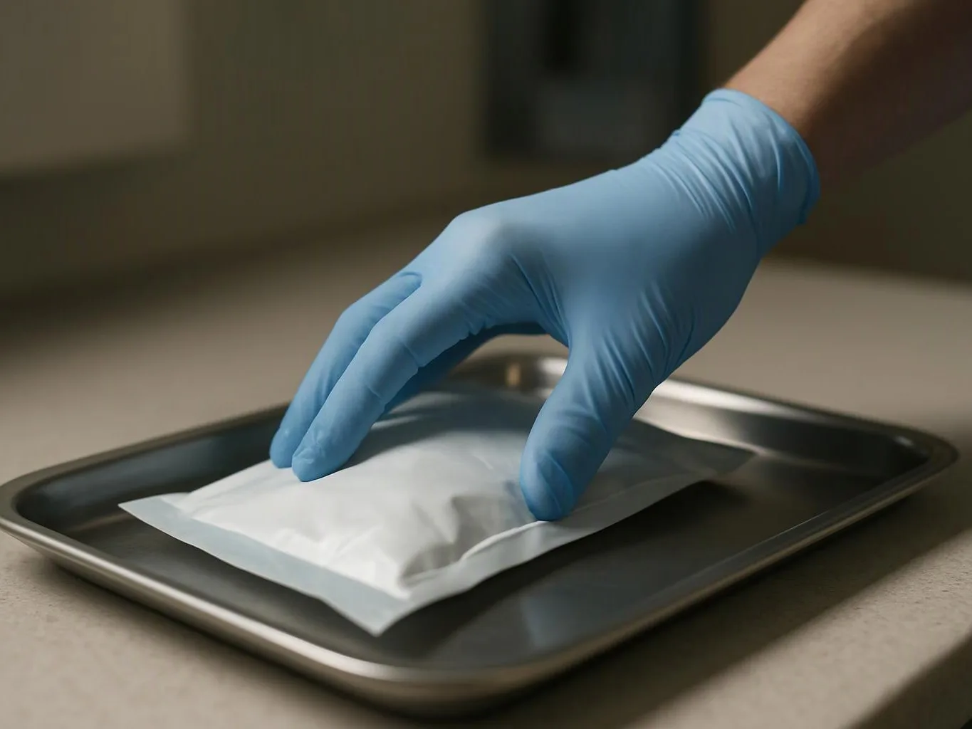 A blue gloved hand places a white packet on a metal tray in a close-up indoor scene