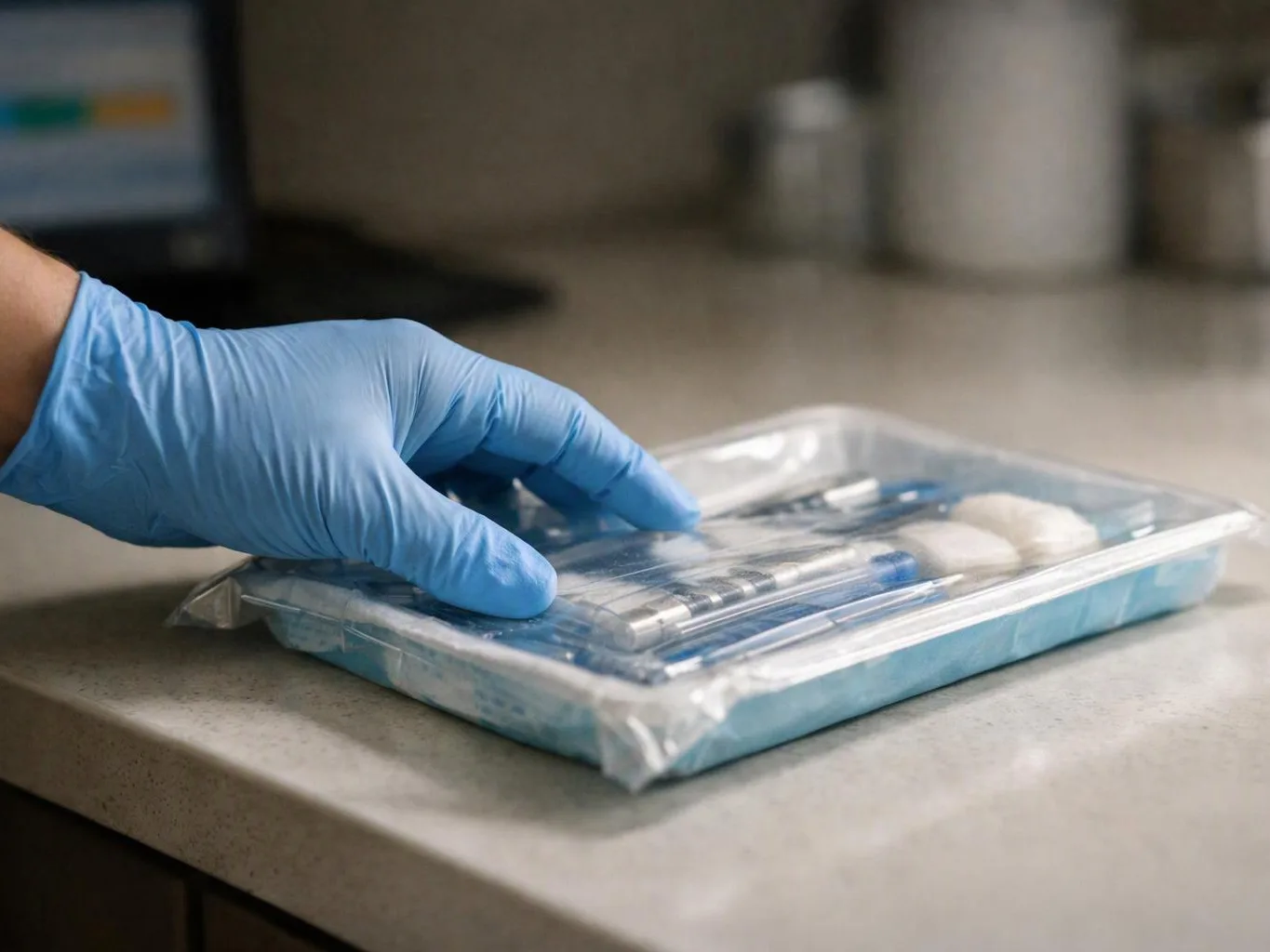 A blue-gloved hand reaches for a sealed medical kit on a countertop