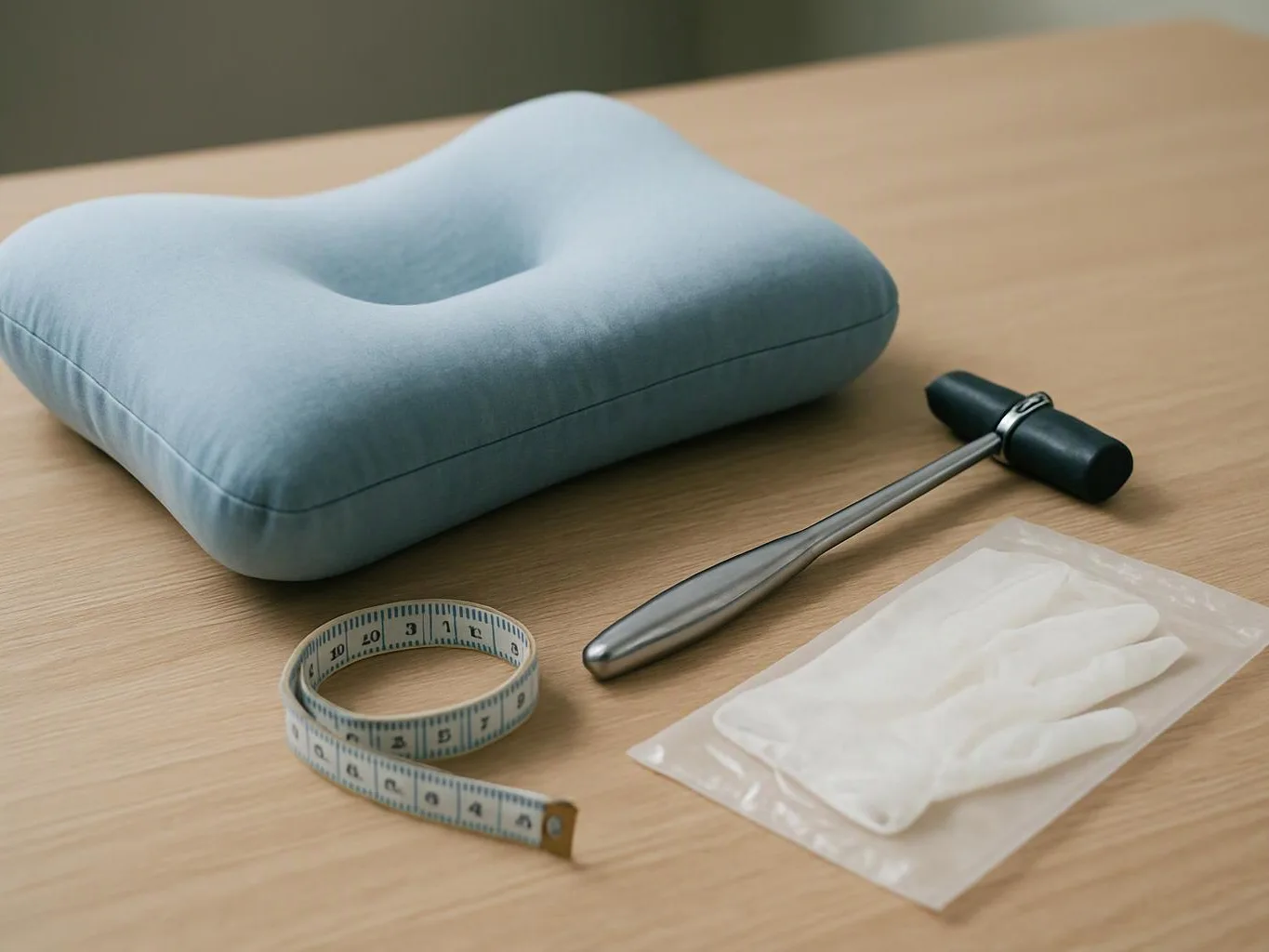 A blue pressure relief cushion sits beside a measuring tape, a massage hammer, and a sealed pair of gloves on a wooden table