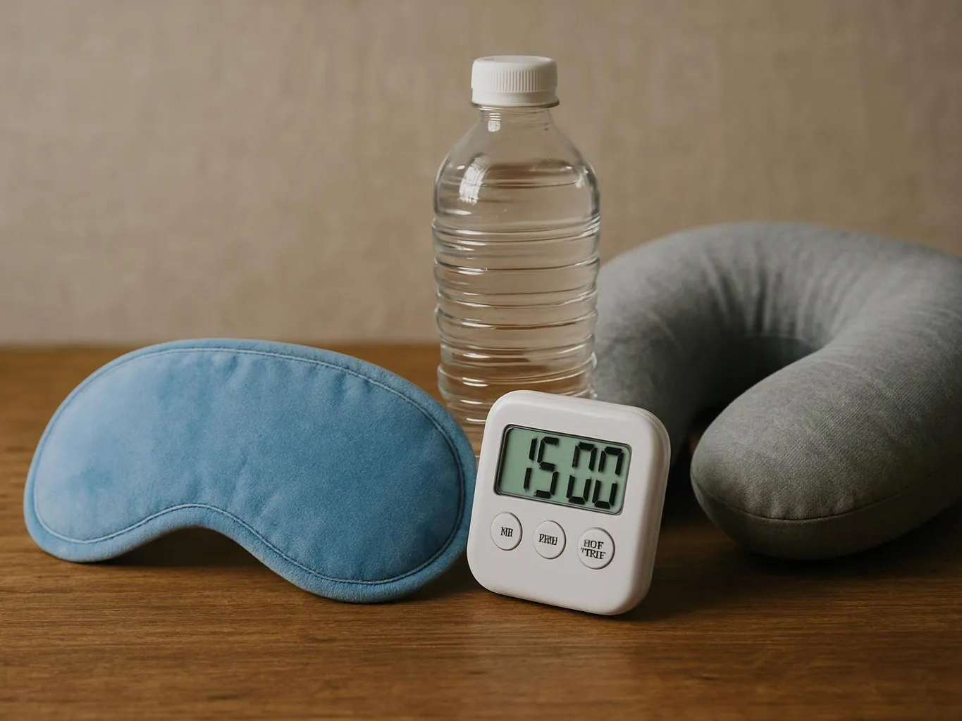 A blue sleep mask, a water bottle, a gray neck pillow, and a digital clock sit on a wooden table