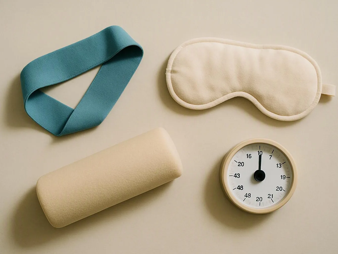 A blue strap, white sleep mask, beige foam cylinder, and round gauge lie on a beige surface