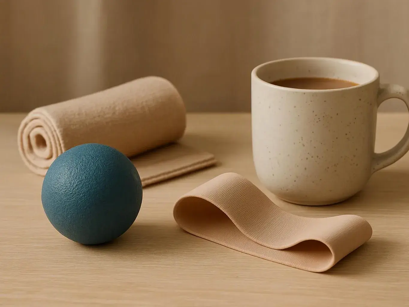 A blue textured ball, rolled beige mats, a folded strap, and a speckled mug sit on a wooden table