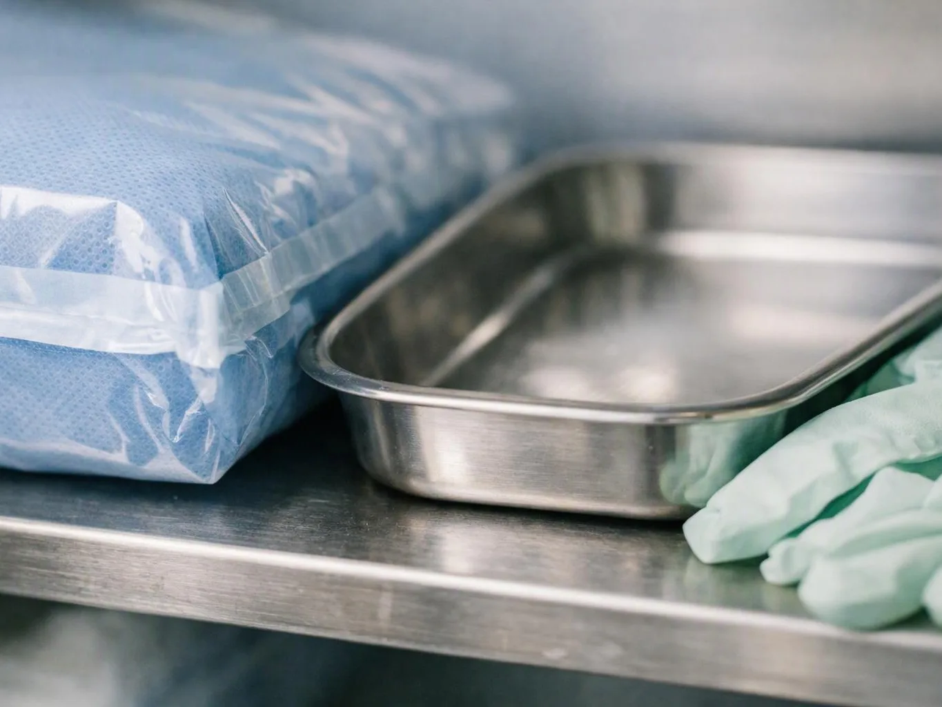 A blue wrapped package, empty metal tray, and green gloves rest on a stainless steel surgical table