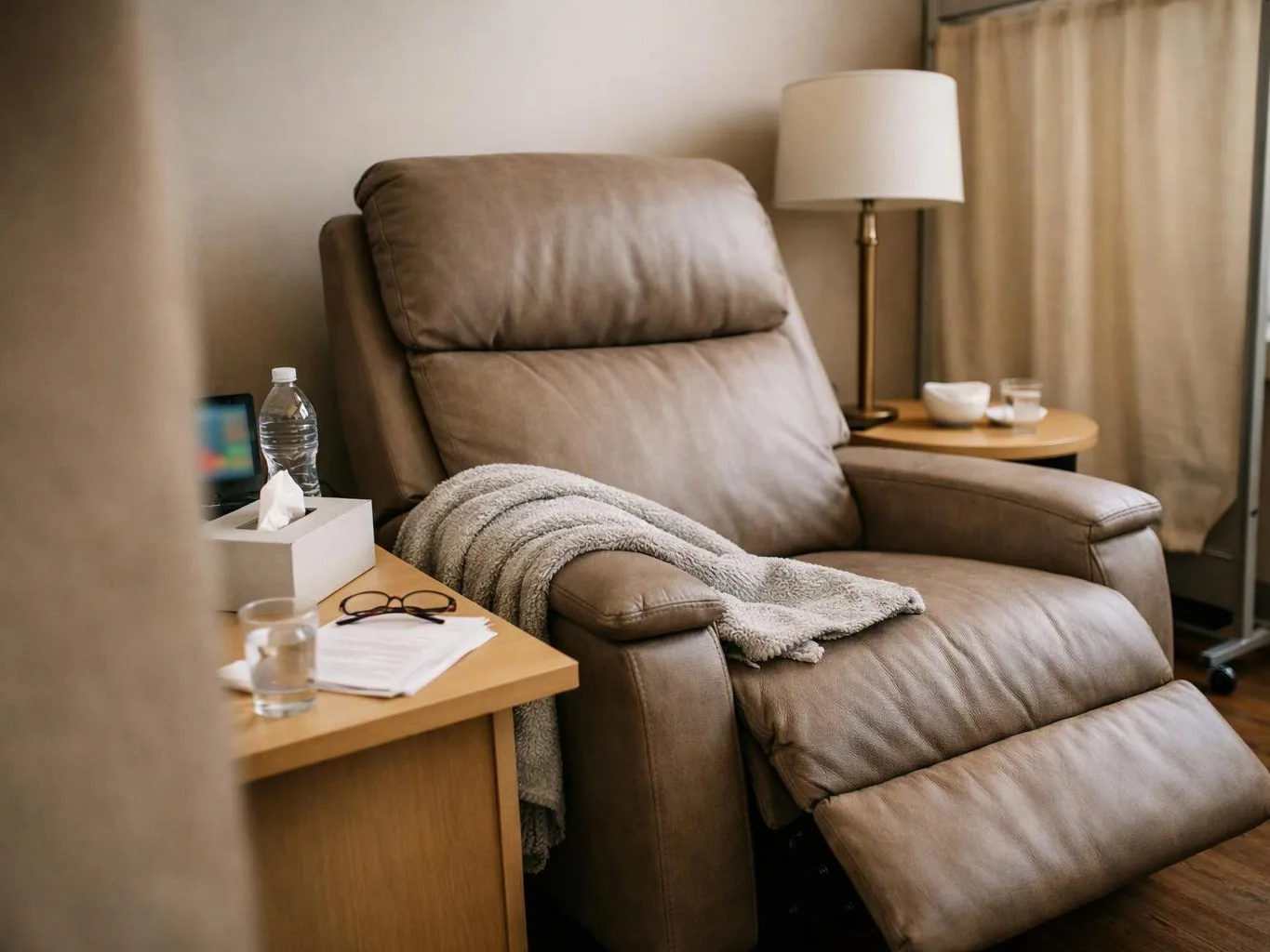 A brown leather recliner sits beside a side table with a lamp, water bottle, and tissue box