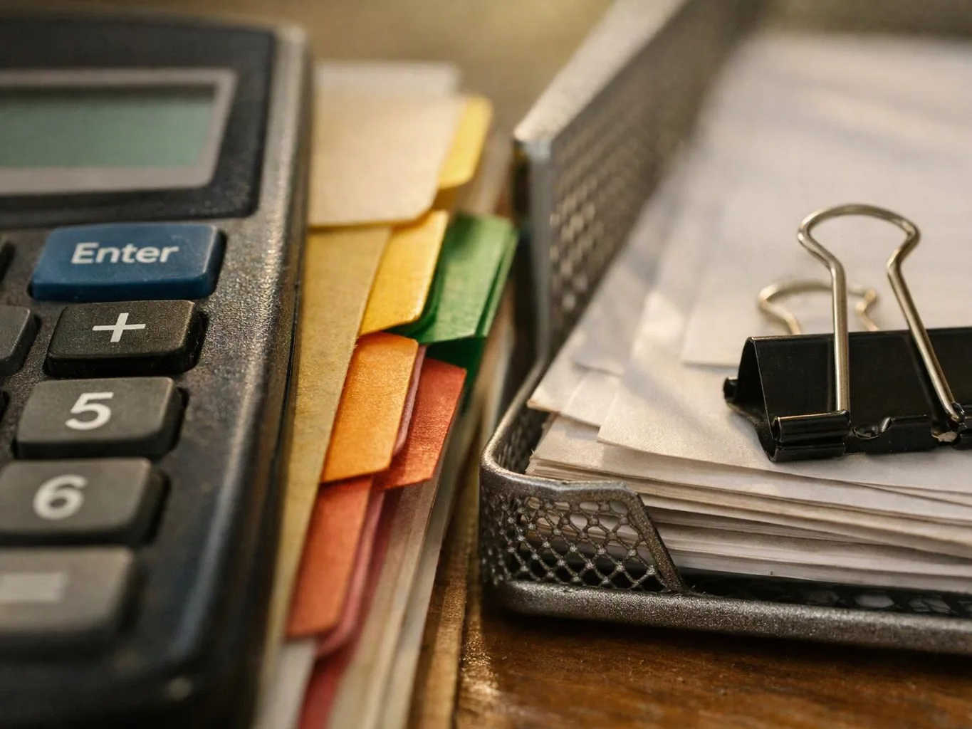A calculator sits beside tabbed papers, a paper tray, and a binder clip on a wooden desk
