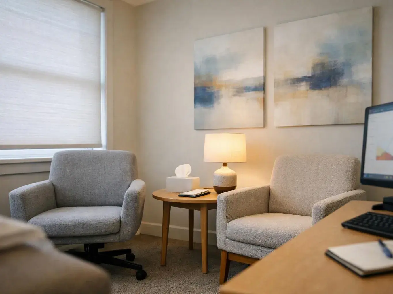 A calm office corner has two gray chairs, a lit table lamp, abstract wall art, and a desk with a computer
