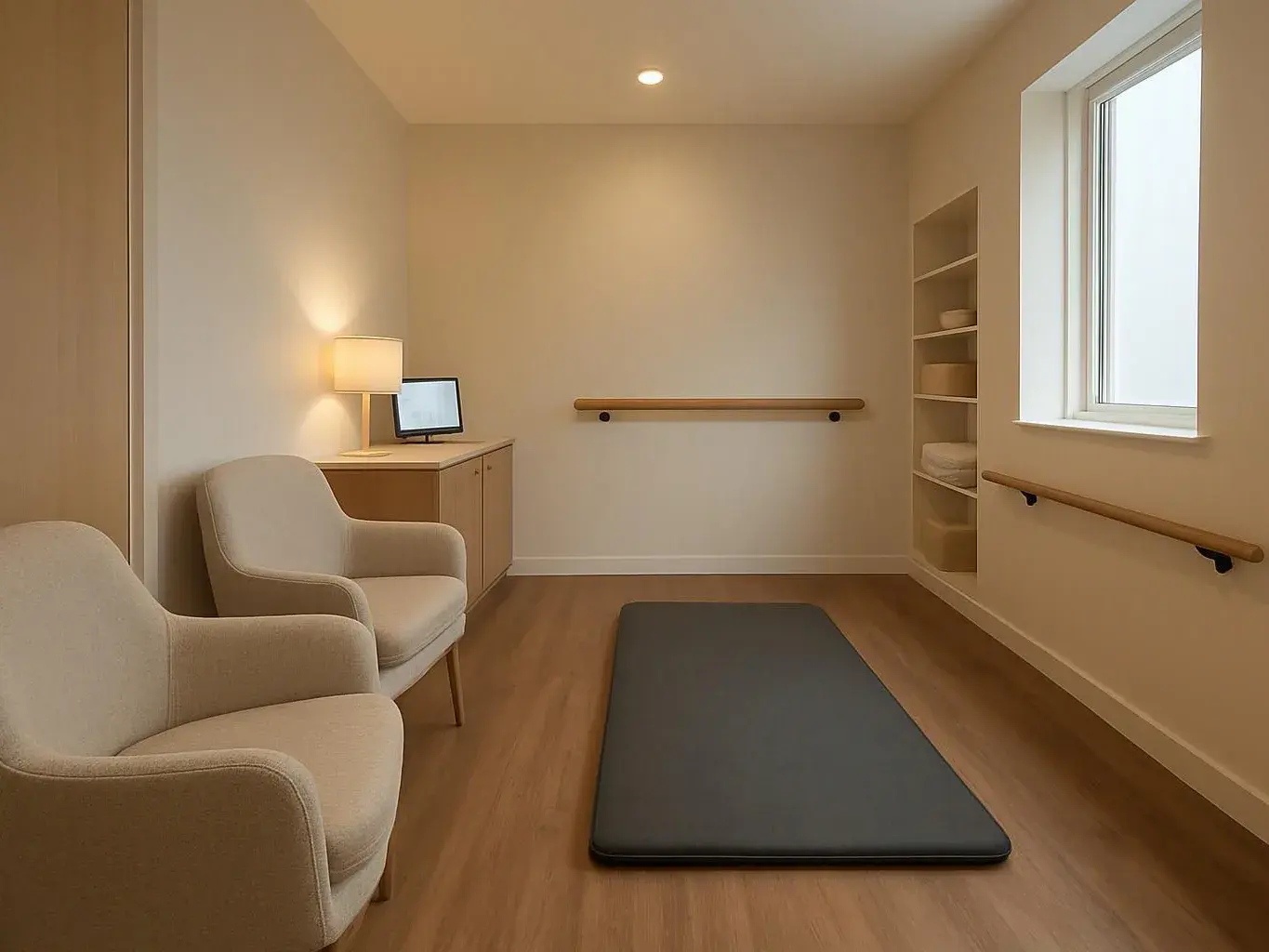 A calm therapy room has two chairs, a floor mat, a lamp, shelves, and wall-mounted handrails