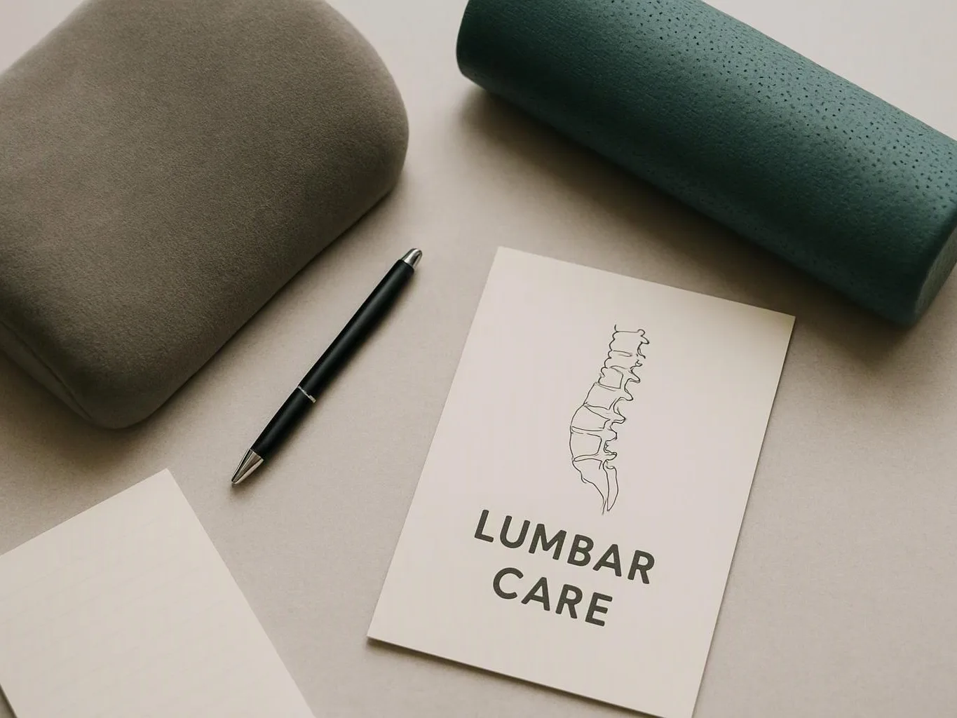 A card with a spine drawing and “LUMBAR CARE” sits beside two cushions and a black pen on a table