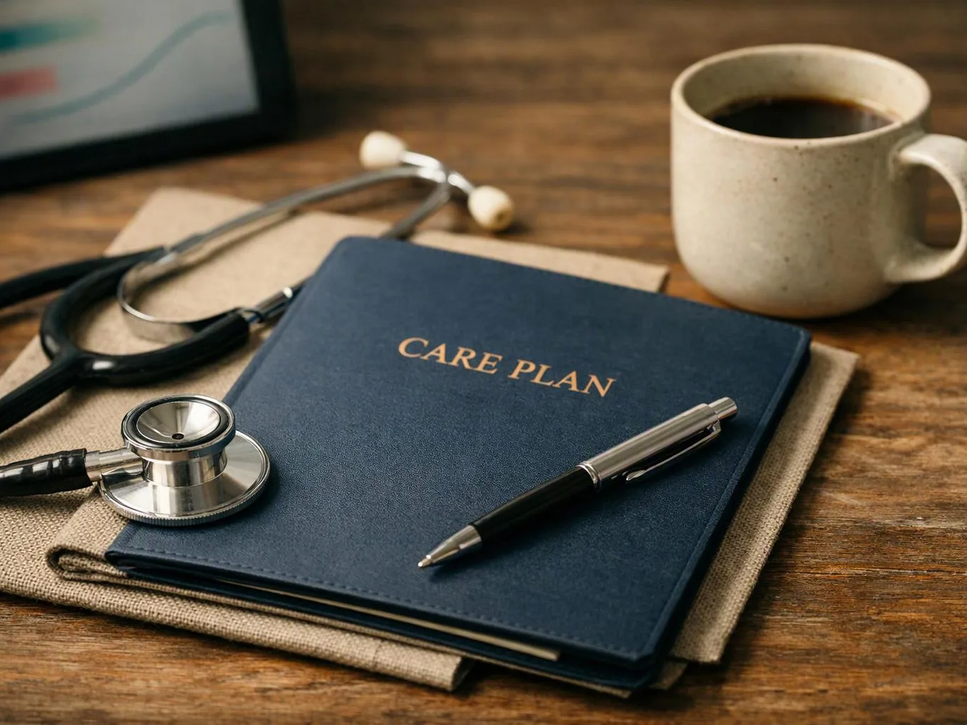 A care plan booklet sits on a table with a stethoscope, pen, and coffee mug nearby