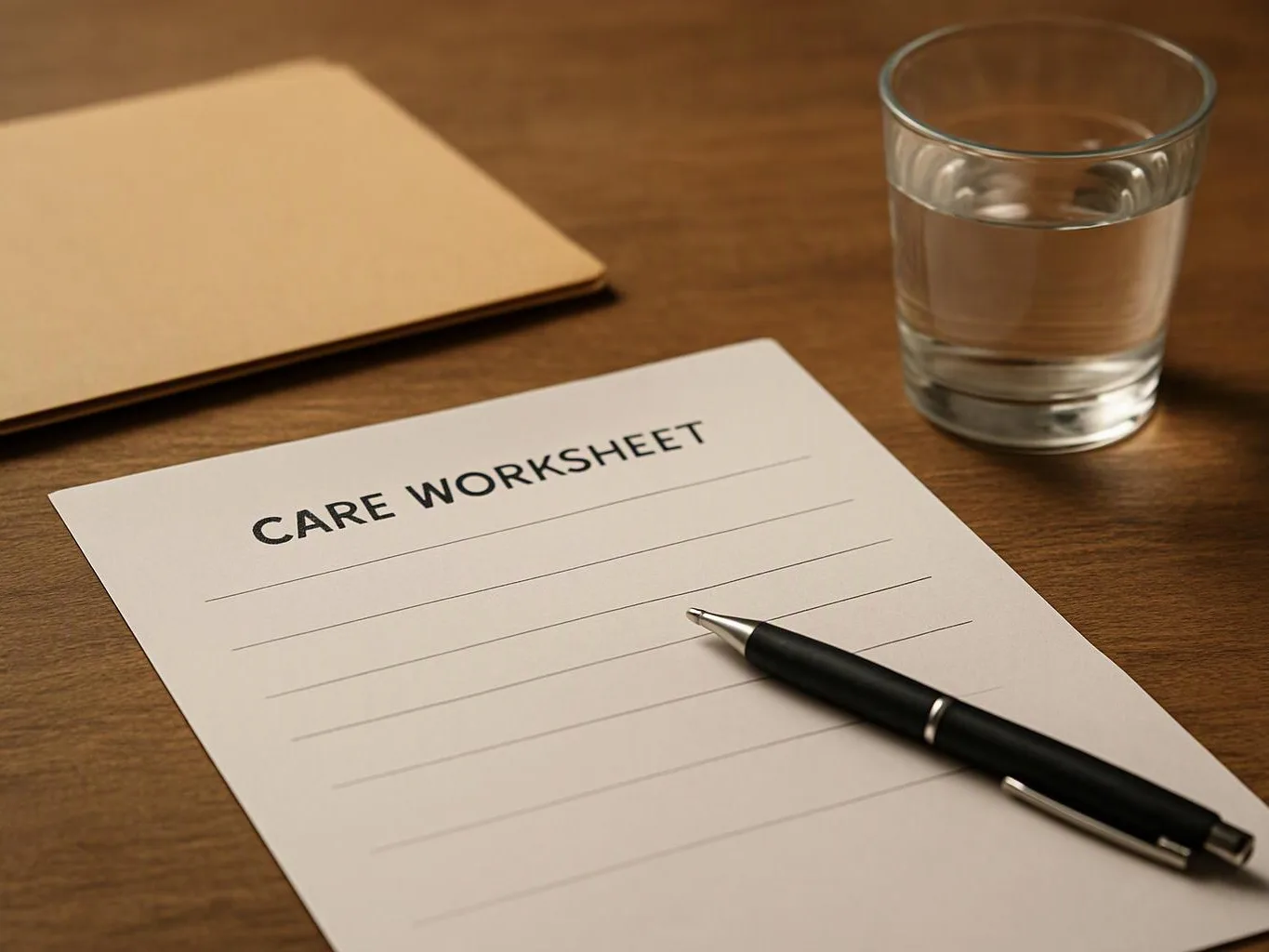 A care worksheet lies on a wooden table beside a pen, glass of water, and tan folder