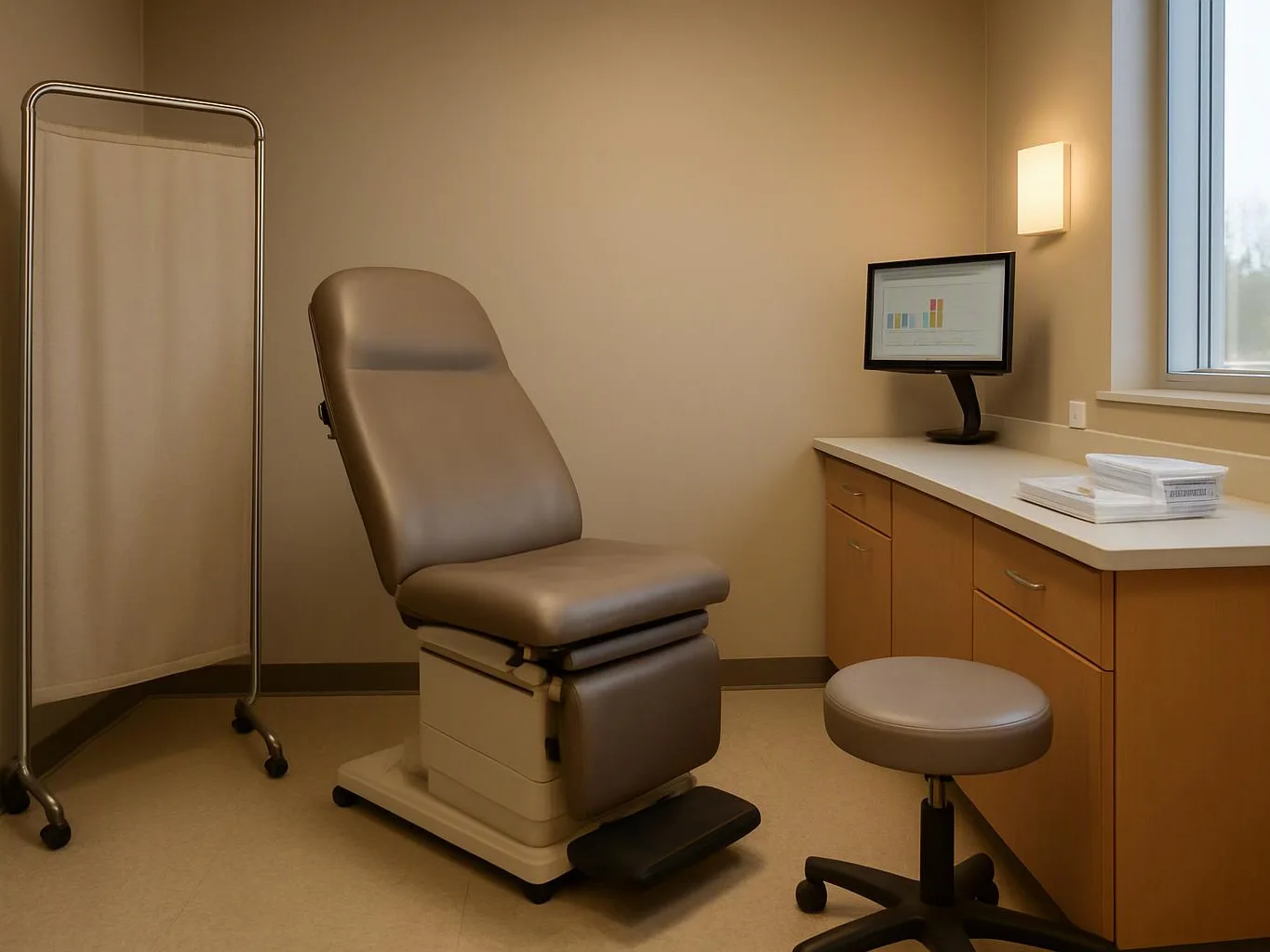 A clean medical exam room holds a padded chair, stool, sinkless counter, and a wall-mounted monitor