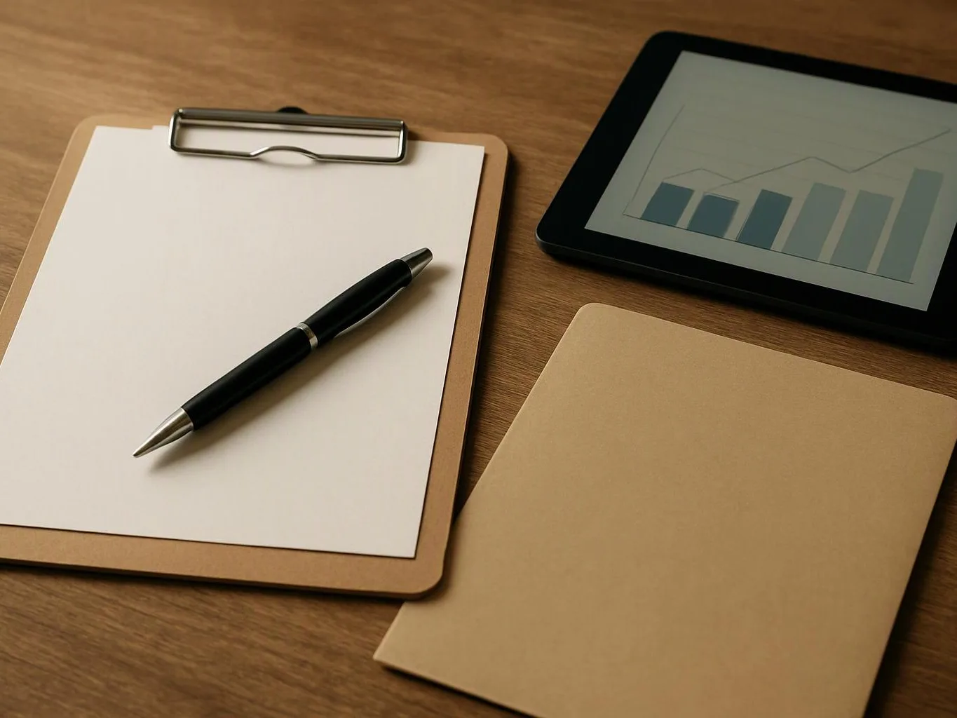 A clipboard with blank paper and a pen sits beside a tablet showing a bar chart on a wooden desk