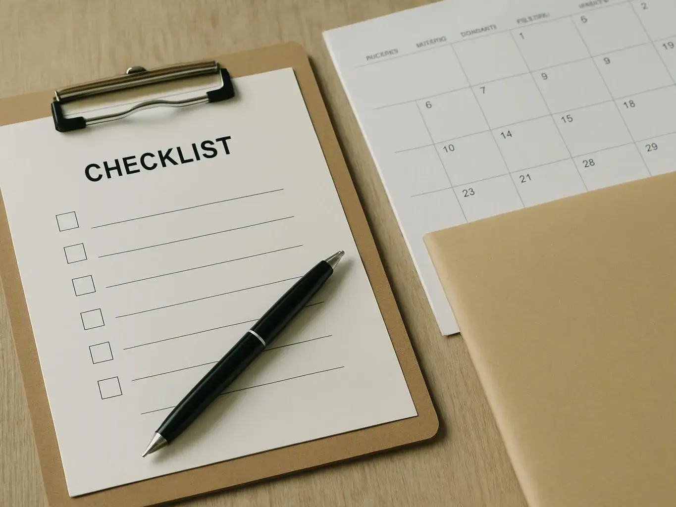 A clipboard with a checklist and pen sits beside a calendar page and a beige folder on a desk