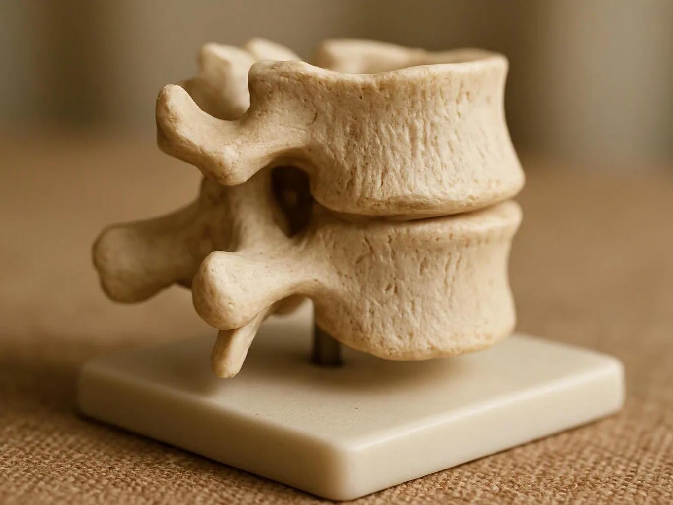 A close-up shows a small beige spine vertebra model mounted on a square base