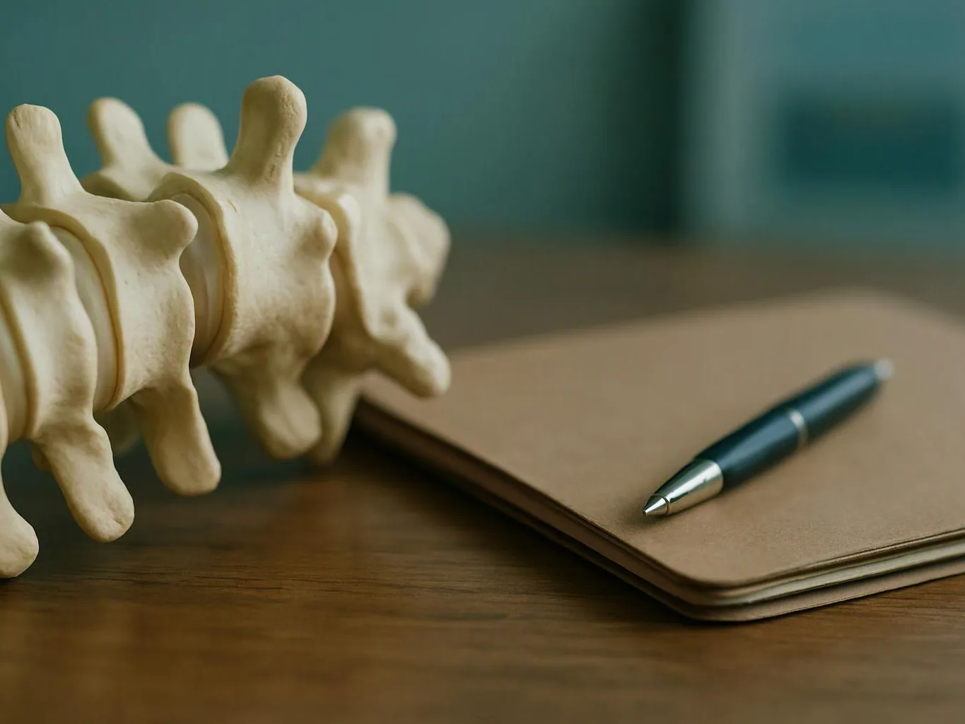 A close-up shows a spine model beside a notebook with a pen on a wooden table