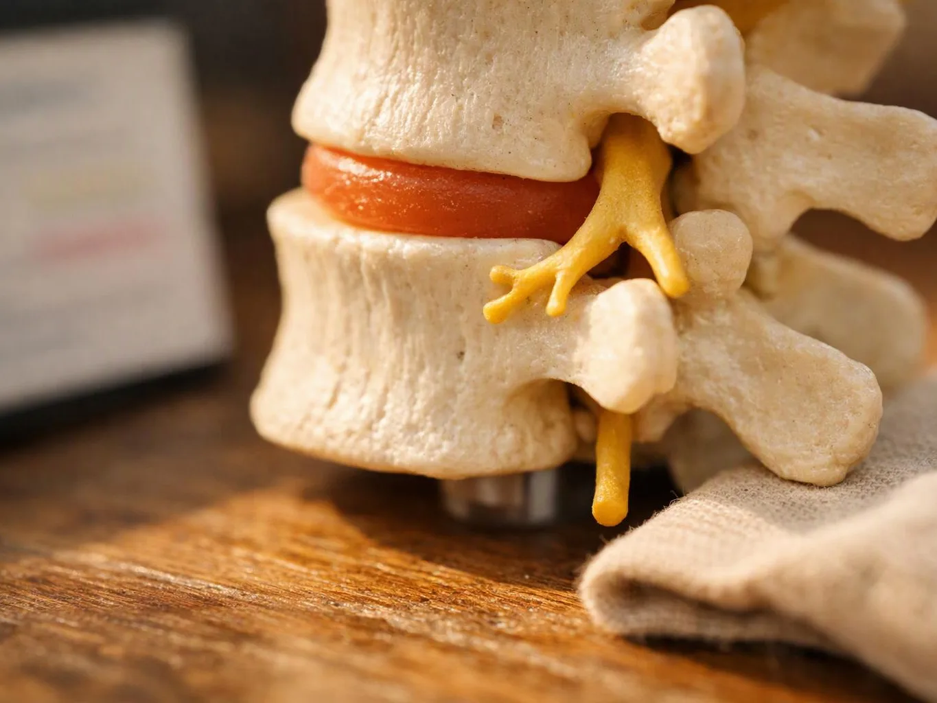 Close-up of a spine model shows bones, a red disc, and yellow nerves on a wooden surface